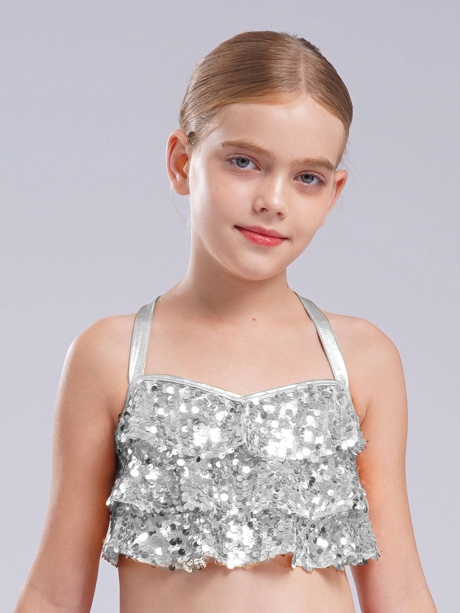 Kids Girls Jazz Dance Costume Sequins Ruffles Cross Back Crop Top with Culottes