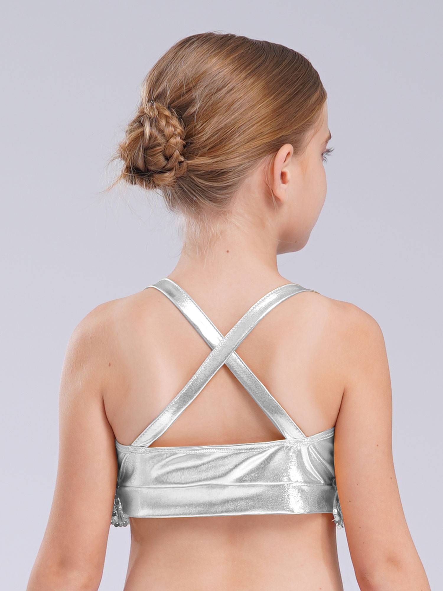 Kids Girls Jazz Dance Costume Sequins Ruffles Cross Back Crop Top with Culottes
