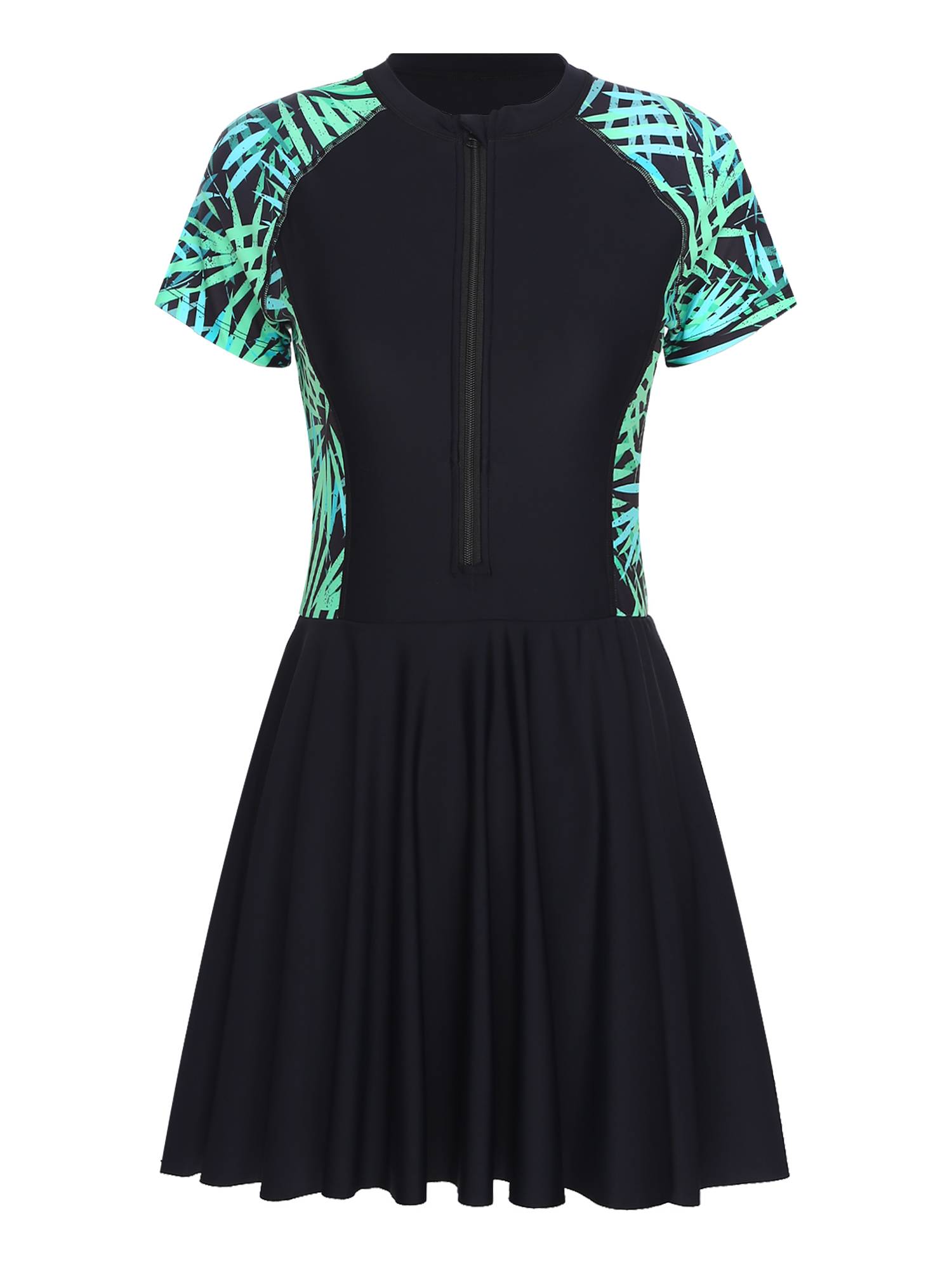 Women Plus Size One Piece Swimsuit Short Sleeve Swim Dress with Built-in Briefs