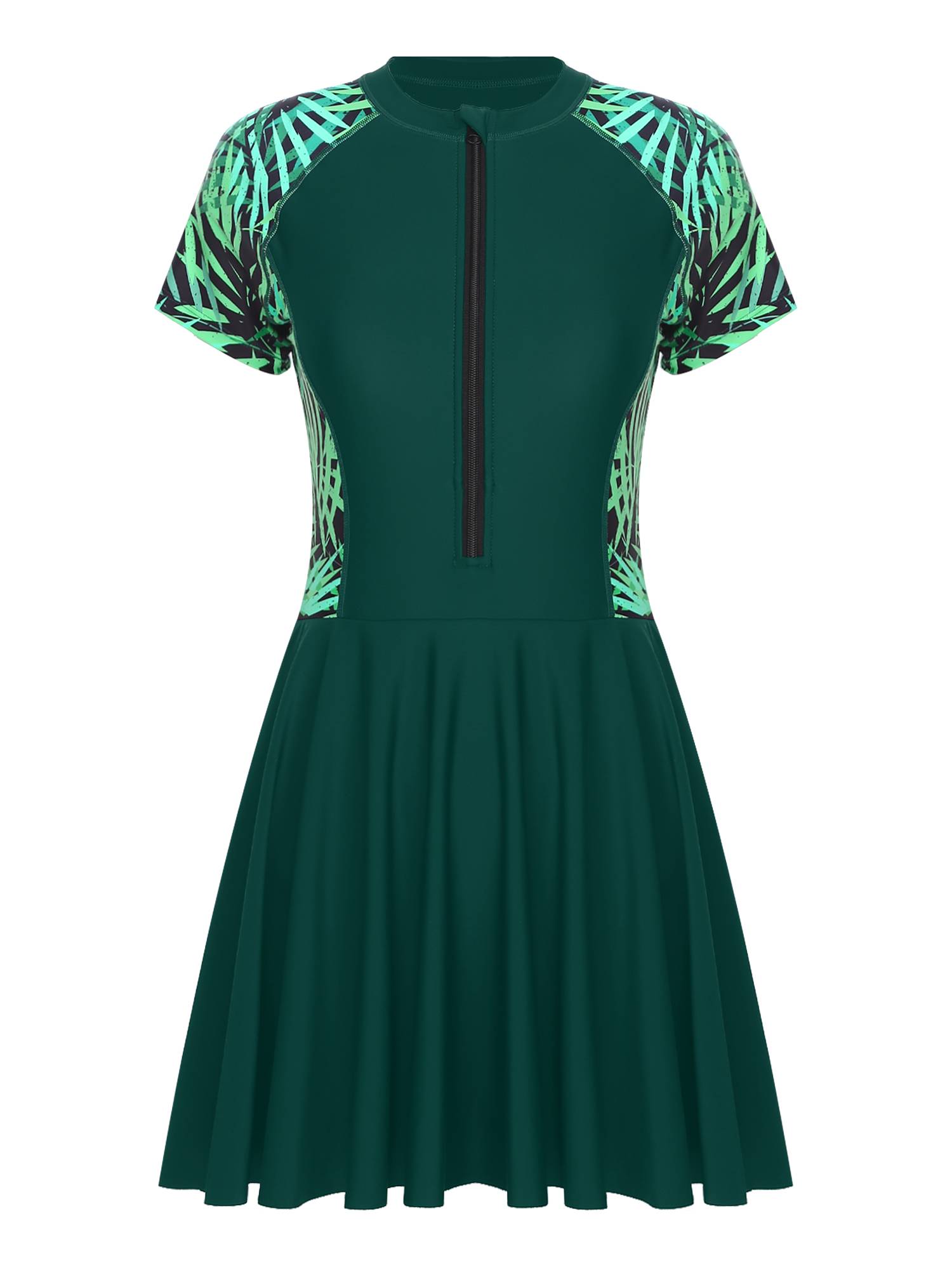 Women Plus Size One Piece Swimsuit Short Sleeve Swim Dress with Built-in Briefs