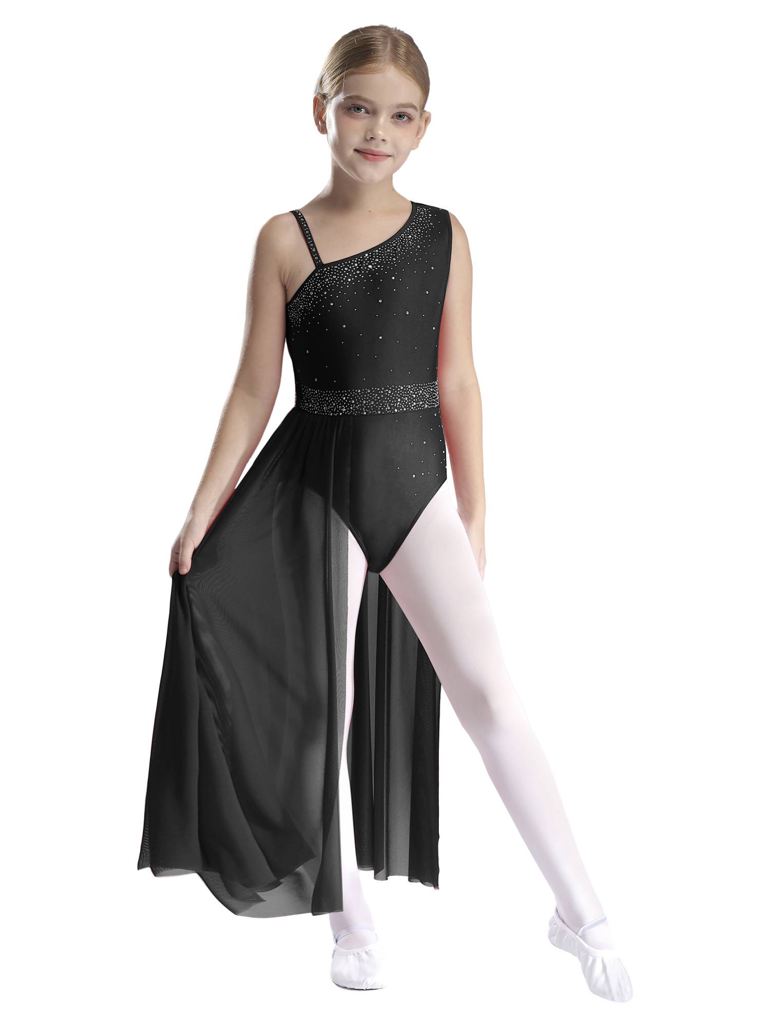 Kids Girls Shinny Rhinestones Sleeveless Lyrical Dance Leotard Dress