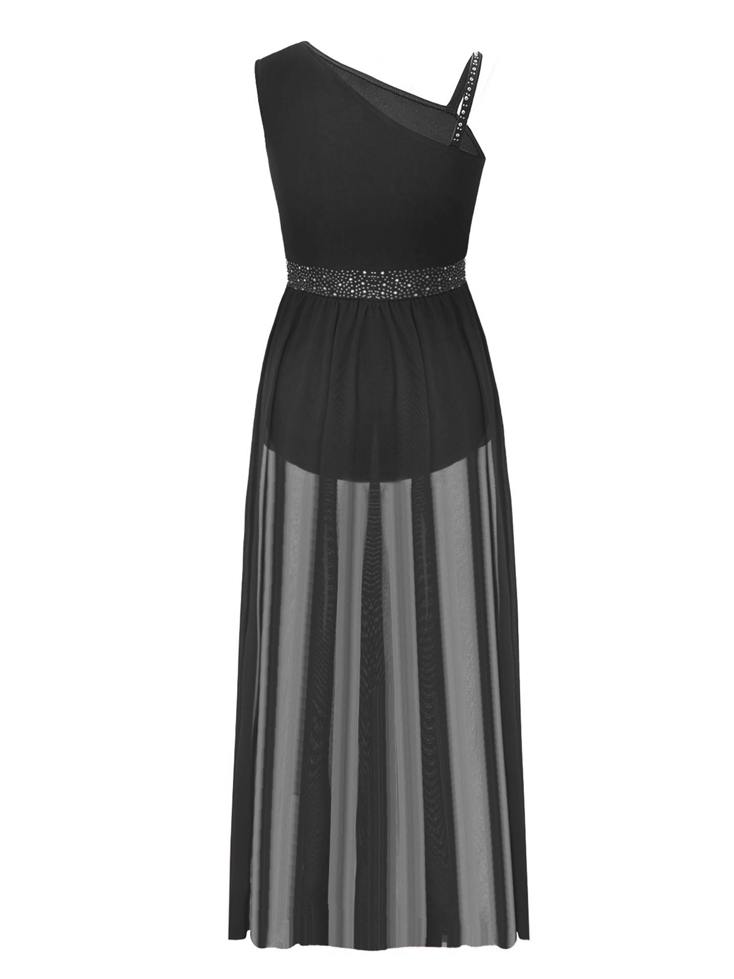 Kids Girls Shinny Rhinestones Sleeveless Lyrical Dance Leotard Dress