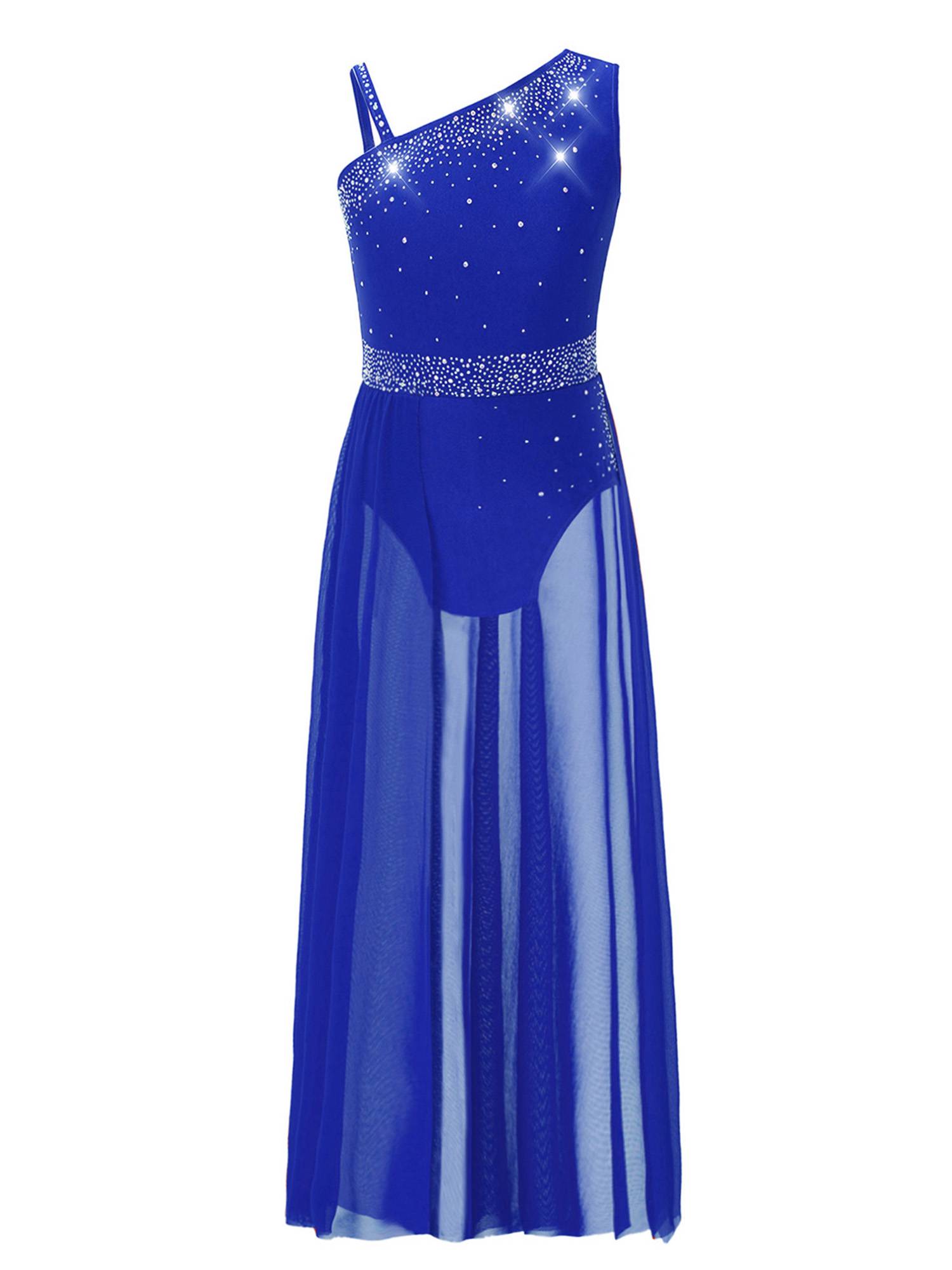 Kids Girls Shinny Rhinestones Sleeveless Lyrical Dance Leotard Dress