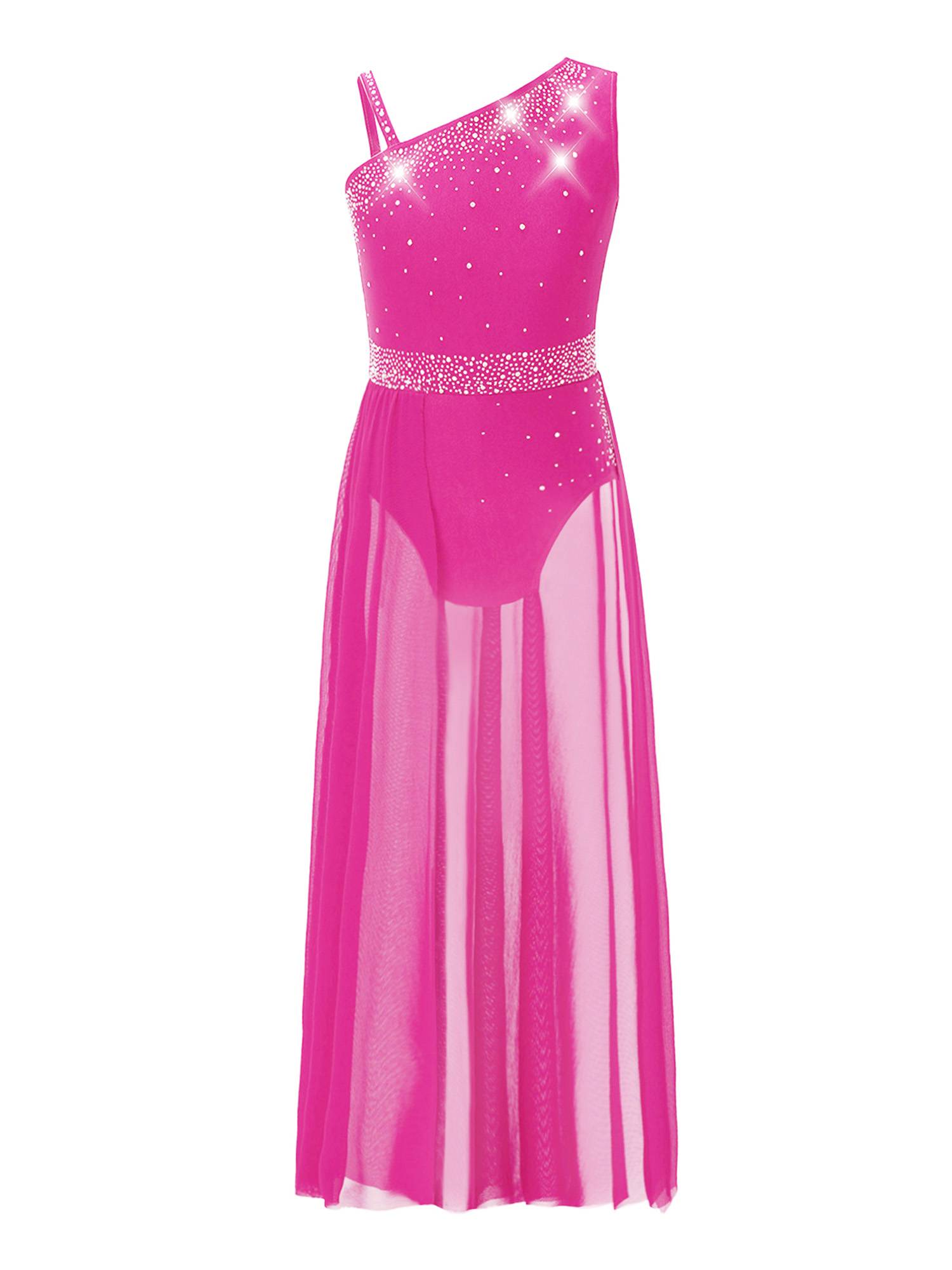 Kids Girls Shinny Rhinestones Sleeveless Lyrical Dance Leotard Dress