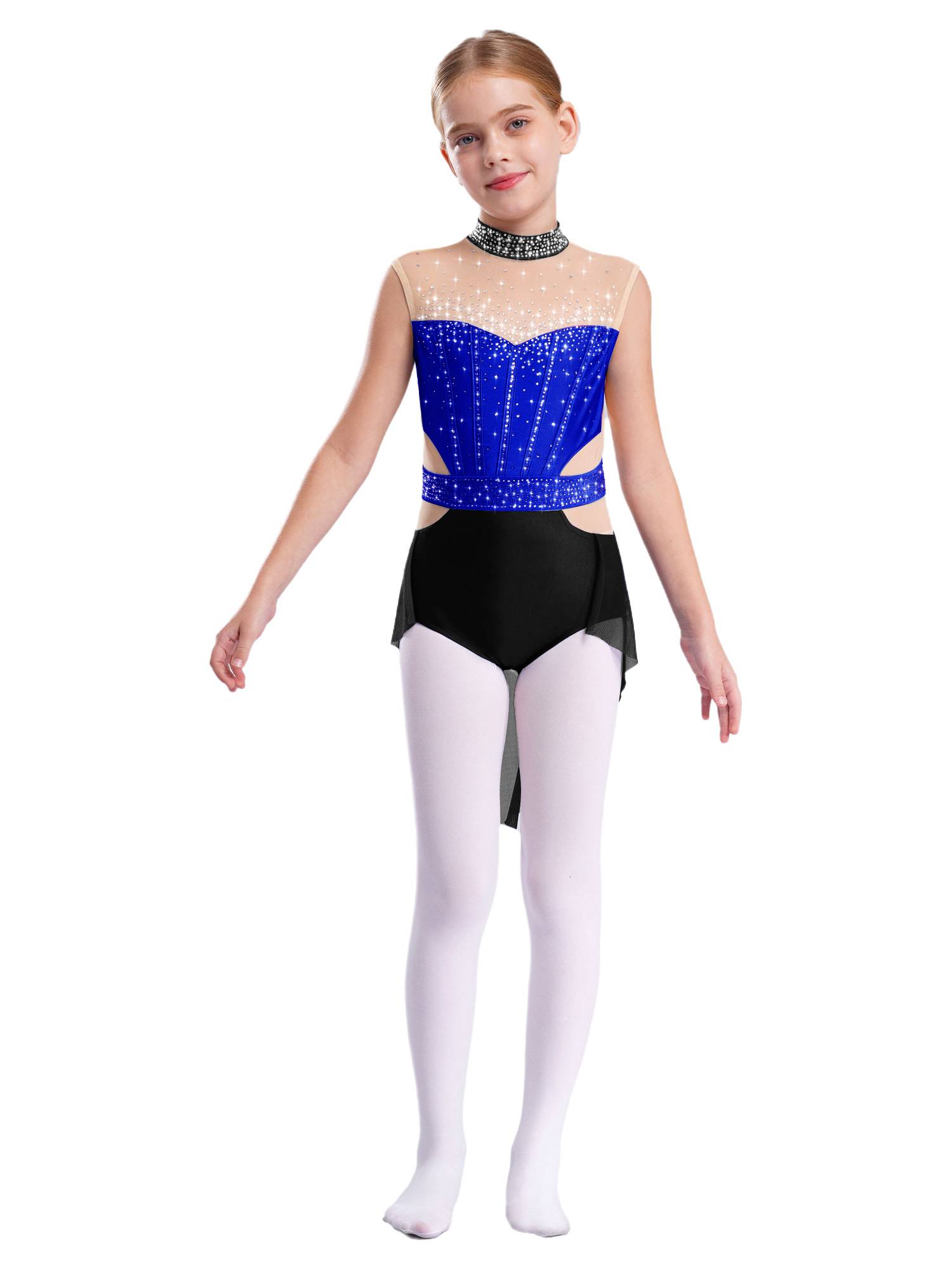 Kids Girls Mock Neck Sleeveless Rhinestones Skirted Leotard for Lyrical Dance