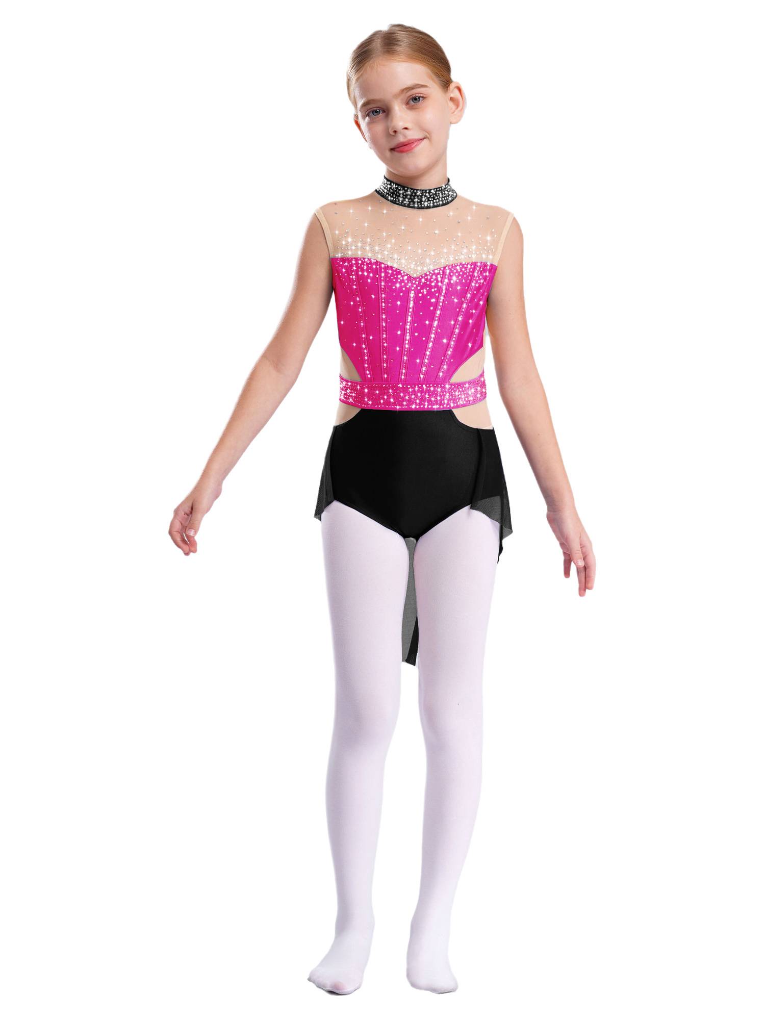 Kids Girls Mock Neck Sleeveless Rhinestones Skirted Leotard for Lyrical Dance