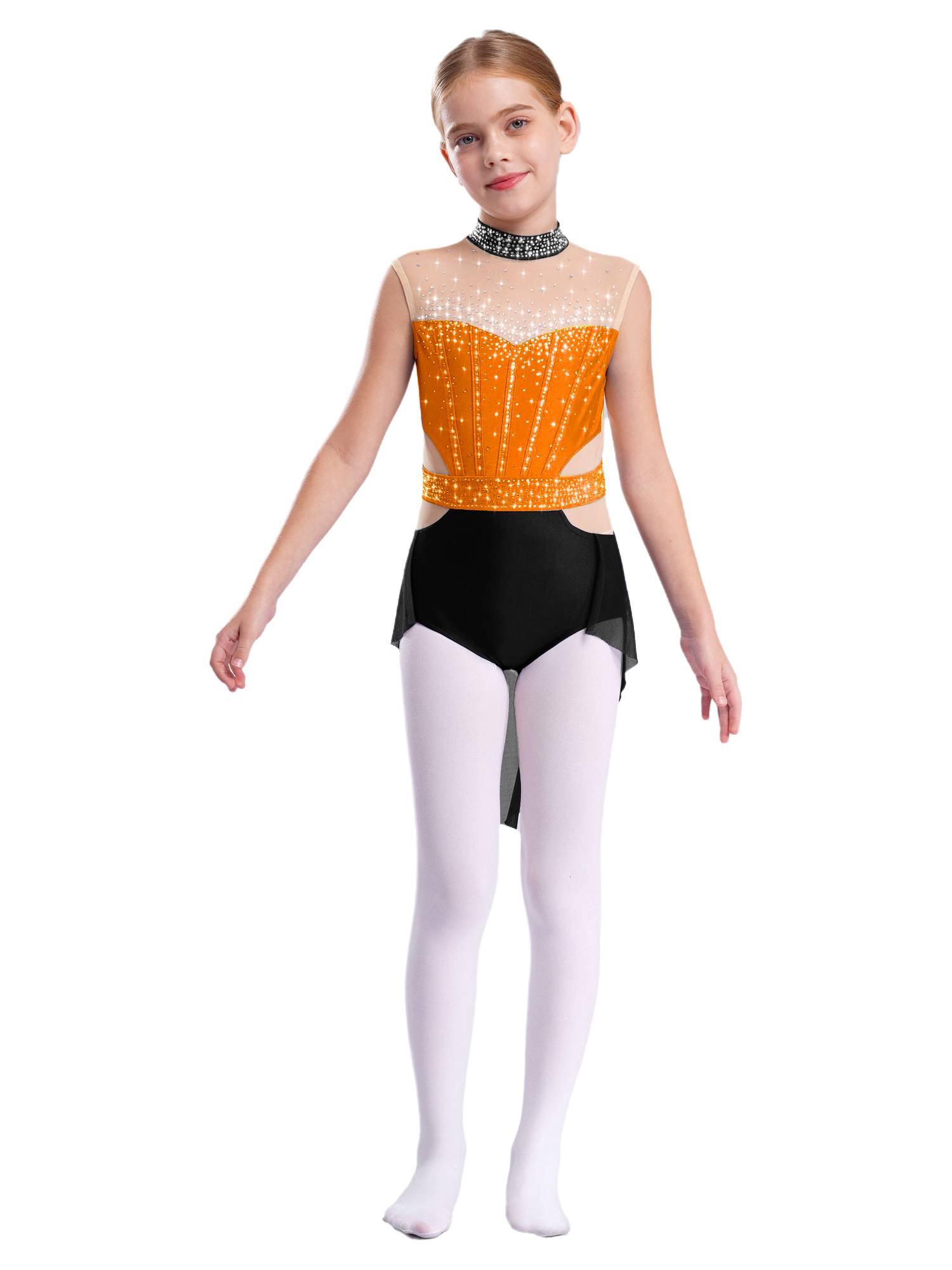 Kids Girls Mock Neck Sleeveless Rhinestones Skirted Leotard for Lyrical Dance