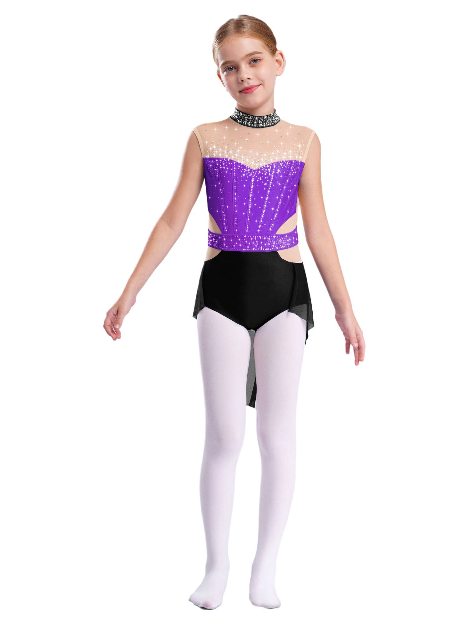 Kids Girls Mock Neck Sleeveless Rhinestones Skirted Leotard for Lyrical Dance
