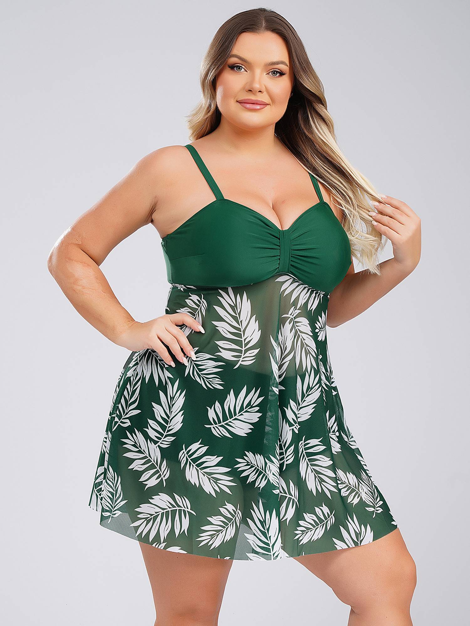 Women 2pcs Plus Size Swimsuit Tropical Print Swim Dress with Shorts Swimming Set