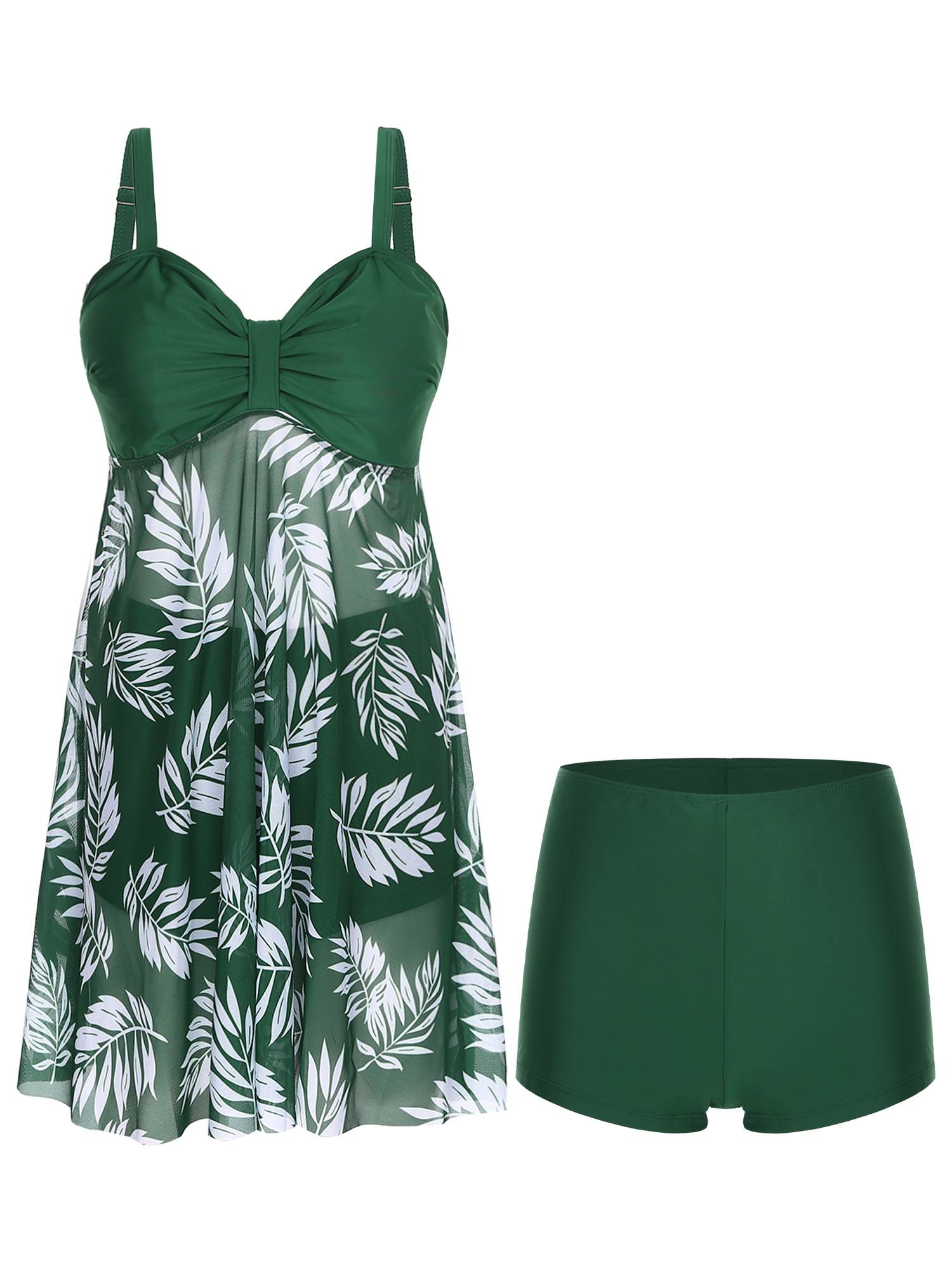 Women 2pcs Plus Size Swimsuit Tropical Print Swim Dress with Shorts Swimming Set