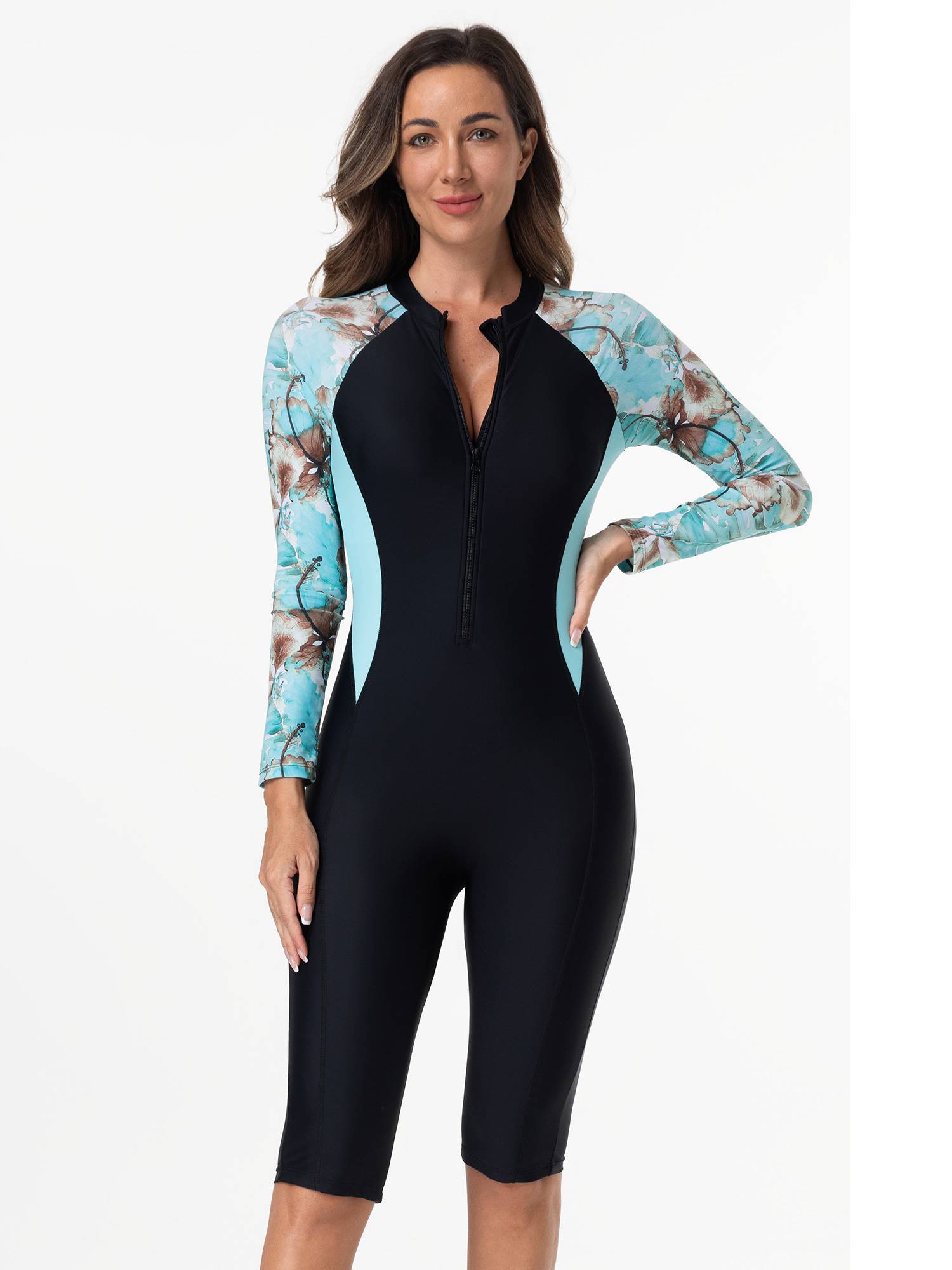 Women Long Sleeves Flroal Zipper One Piece Swimsuit Rash Guards