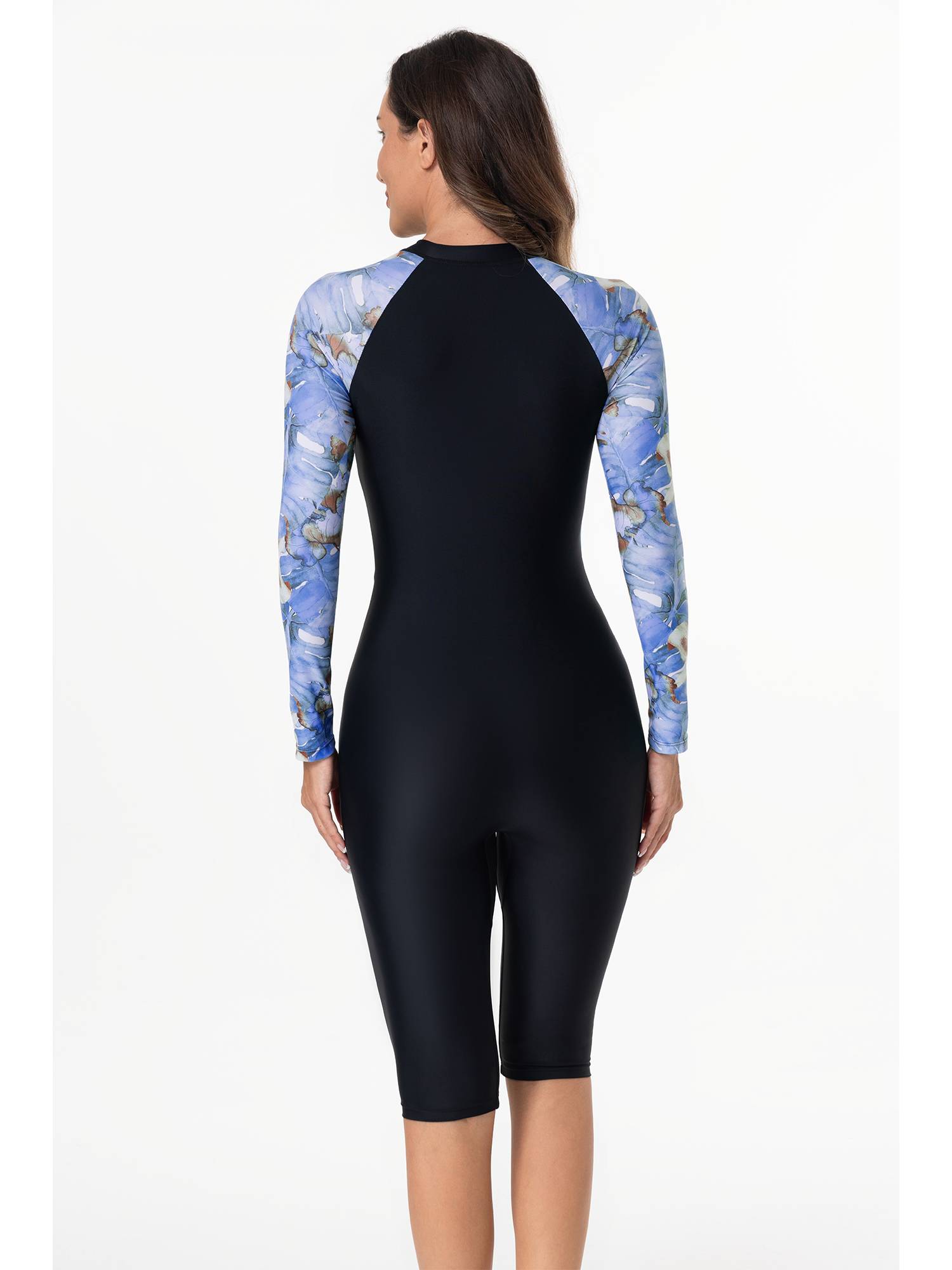Women Long Sleeves Flroal Zipper One Piece Swimsuit Rash Guards