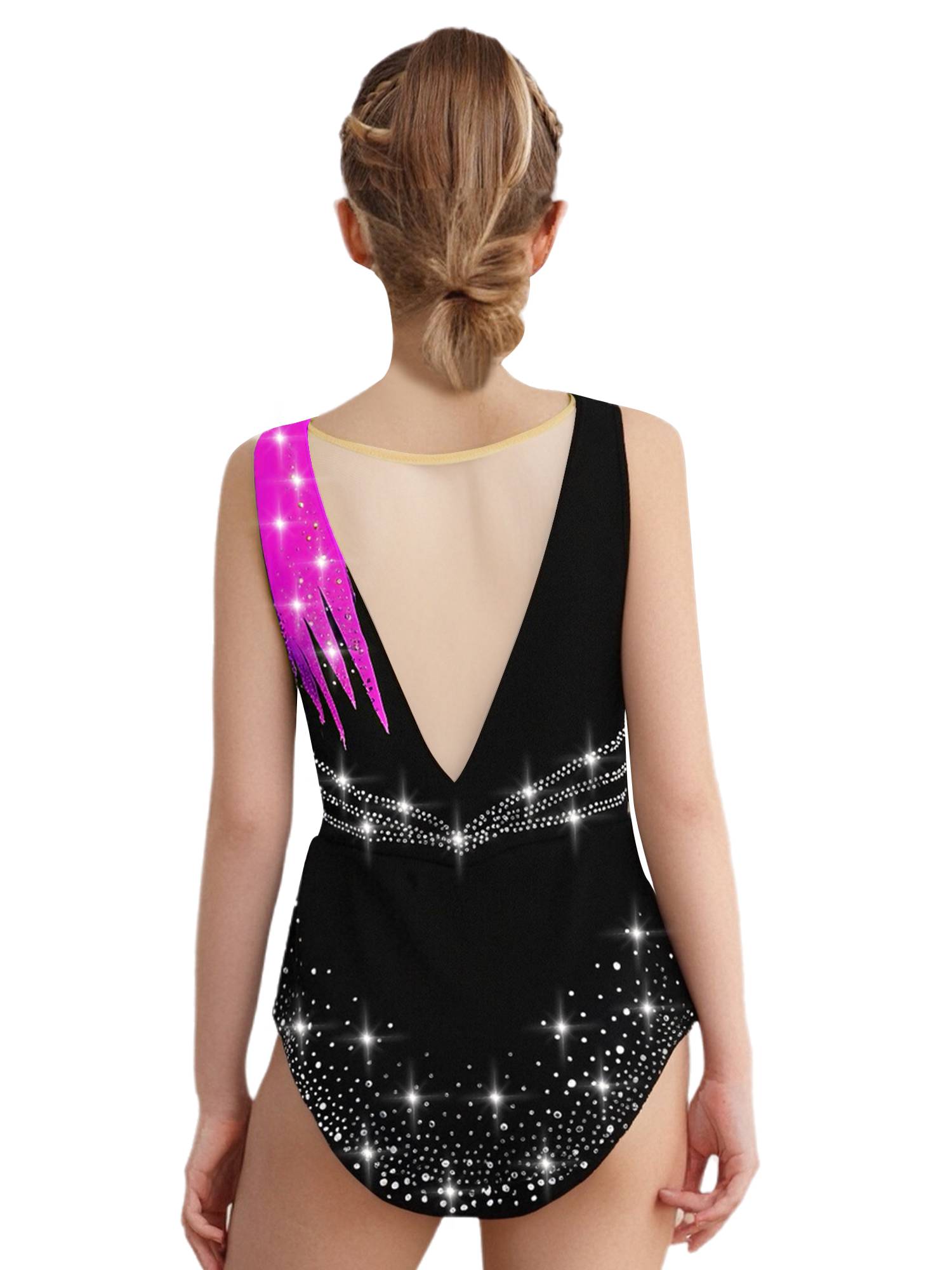 Girls Sleeveless Rhythmic Gymnastics Leotard Rhinestones Ice Skating Dress