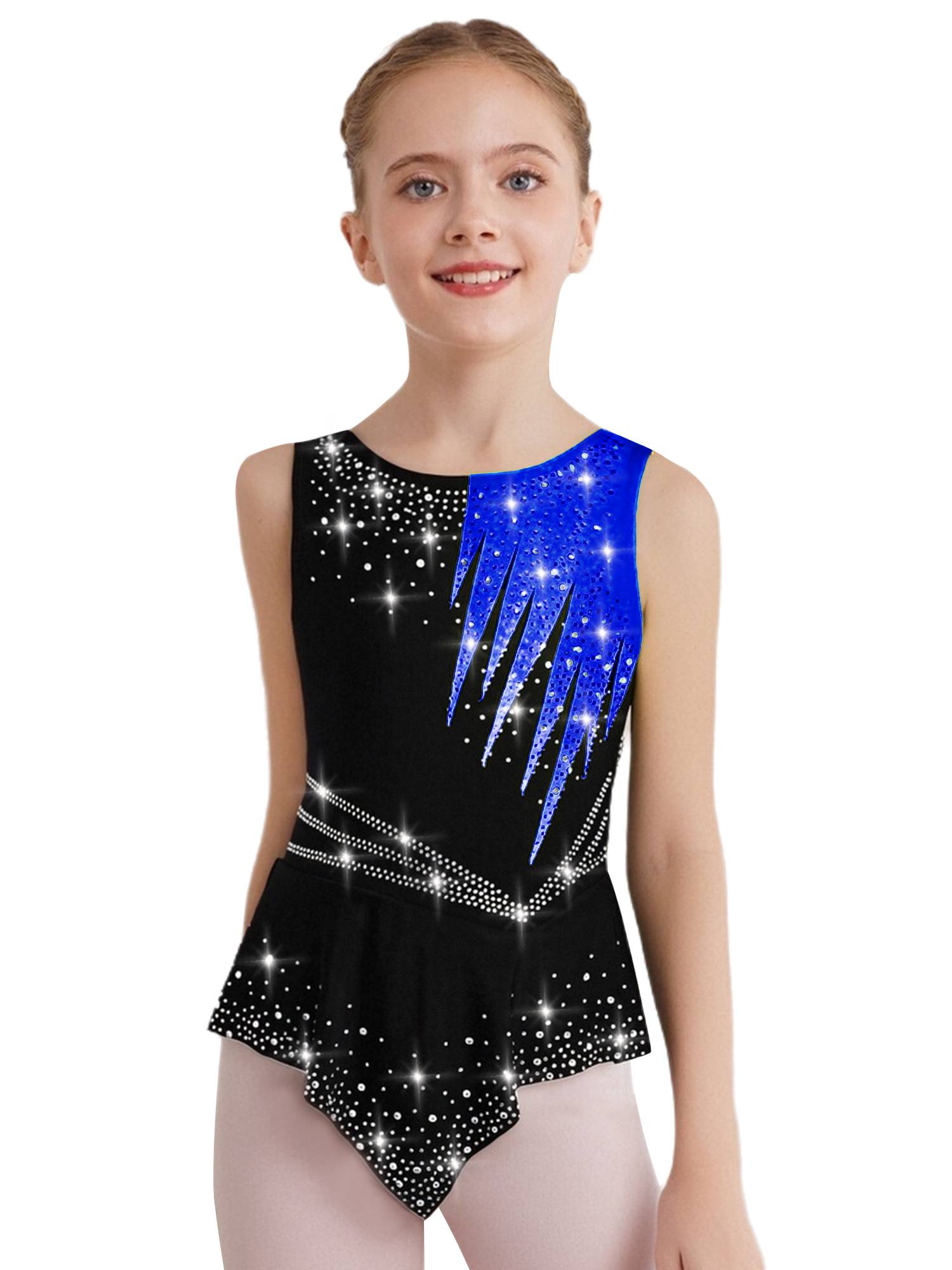 Girls Sleeveless Rhythmic Gymnastics Leotard Rhinestones Ice Skating Dress