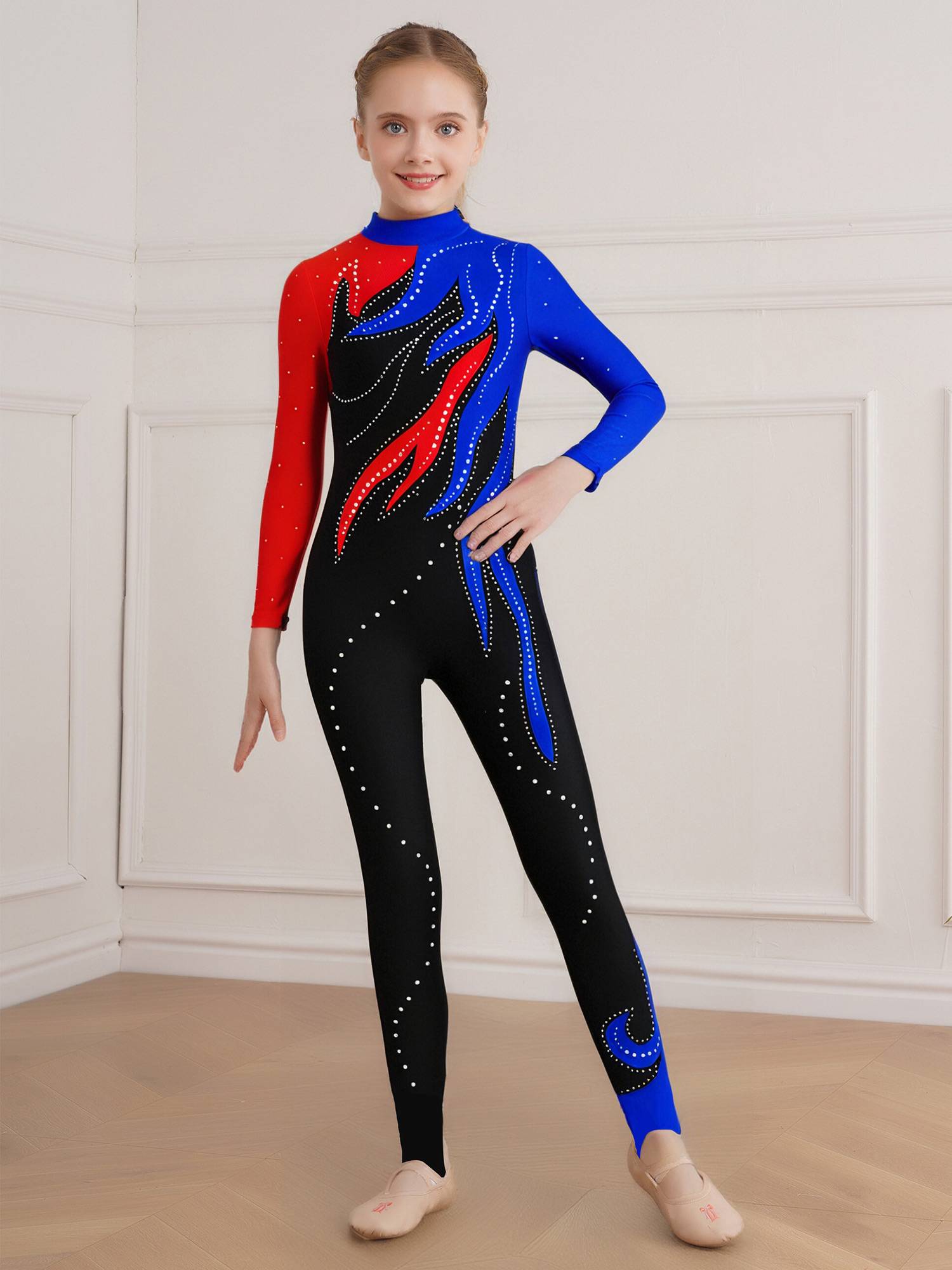 Girls Color Block Gymnastics Full Body Leotard Sparkly Figure Skating Unitard