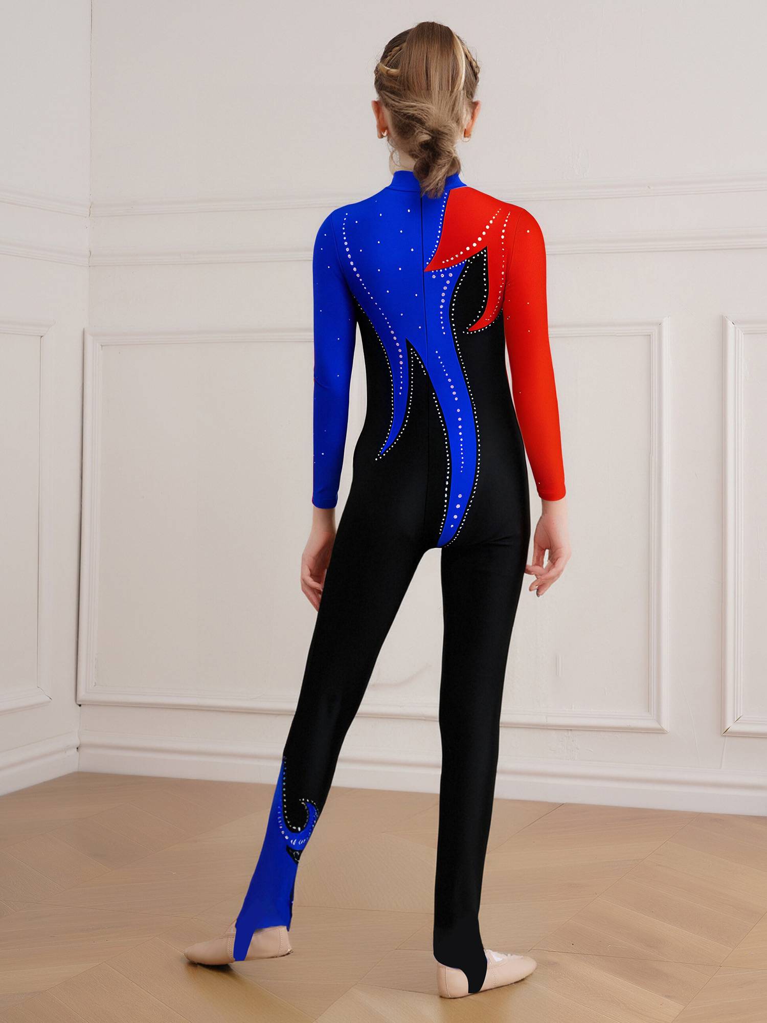 Girls Color Block Gymnastics Full Body Leotard Sparkly Figure Skating Unitard