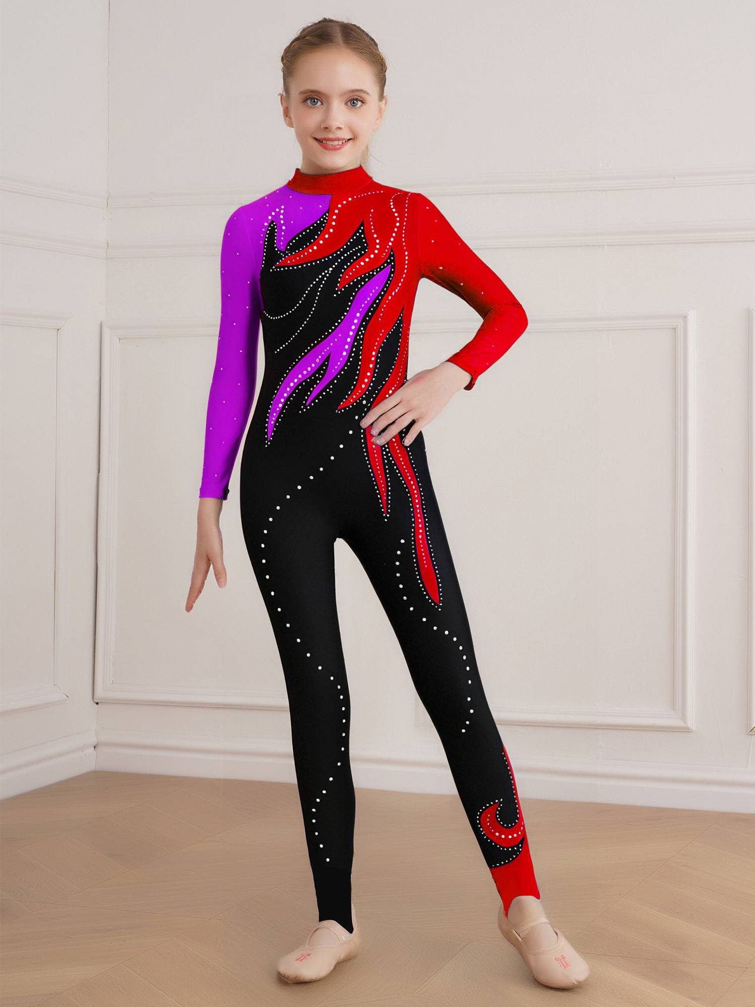 Girls Color Block Gymnastics Full Body Leotard Sparkly Figure Skating Unitard