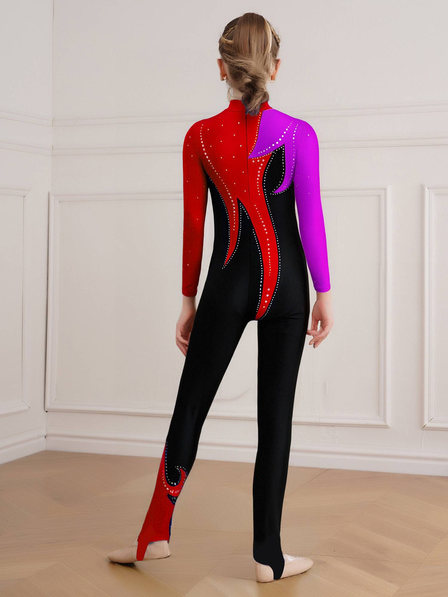 Girls Color Block Gymnastics Full Body Leotard Sparkly Figure Skating Unitard