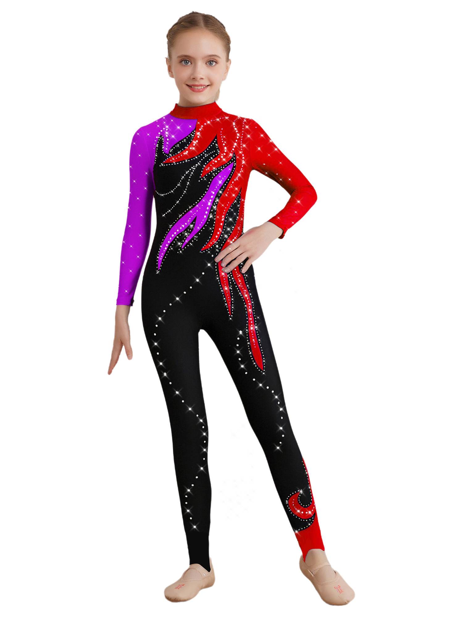 Girls Color Block Gymnastics Full Body Leotard Sparkly Figure Skating Unitard