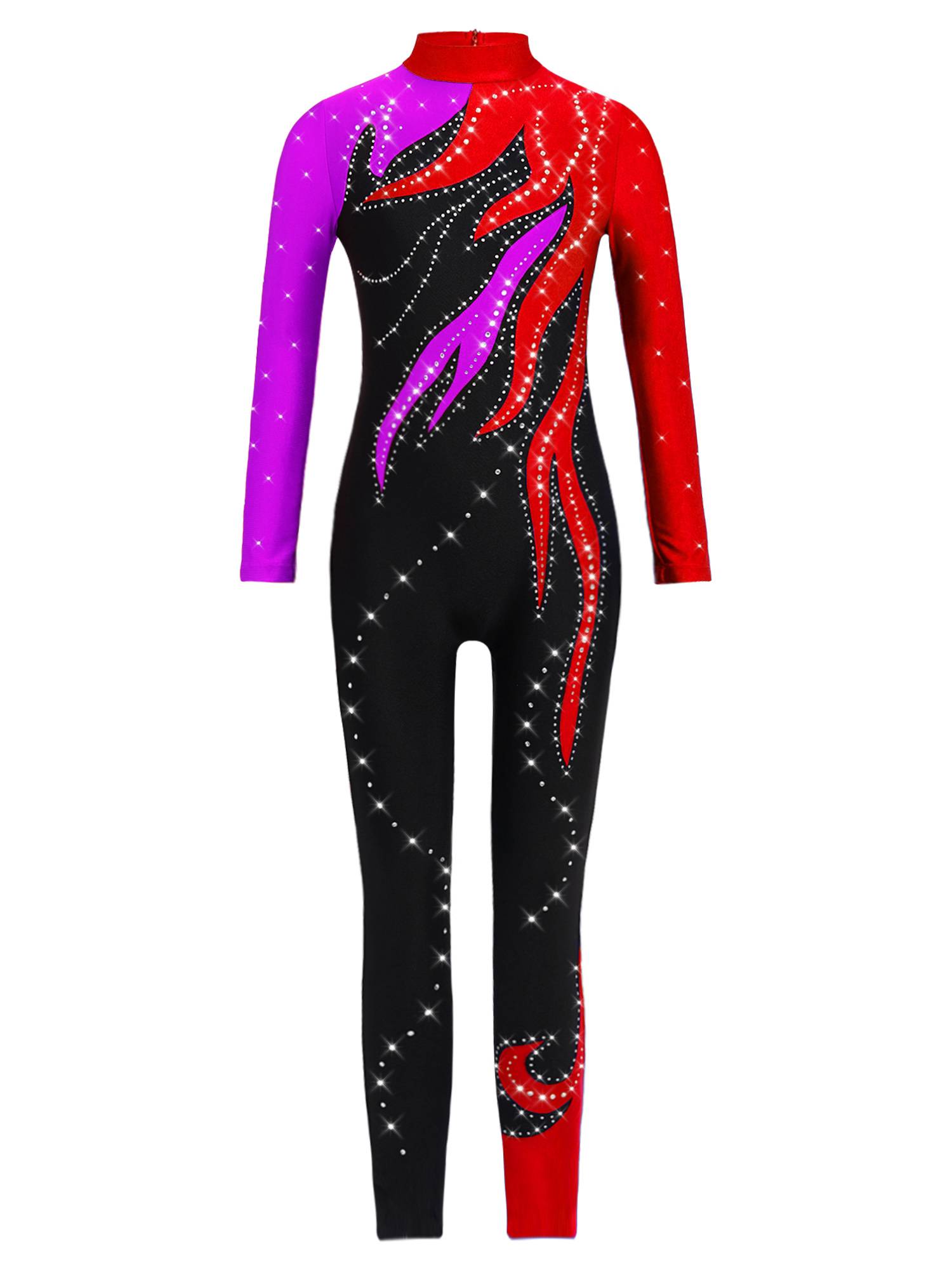 Girls Color Block Gymnastics Full Body Leotard Sparkly Figure Skating Unitard