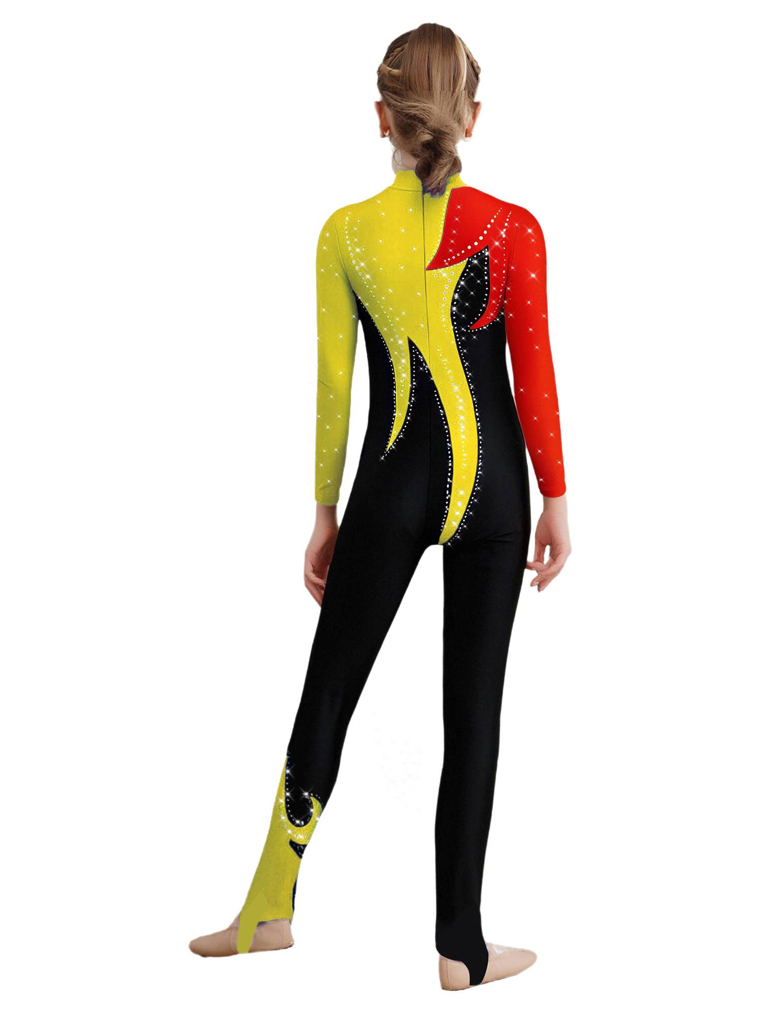 Girls Color Block Gymnastics Full Body Leotard Sparkly Figure Skating Unitard