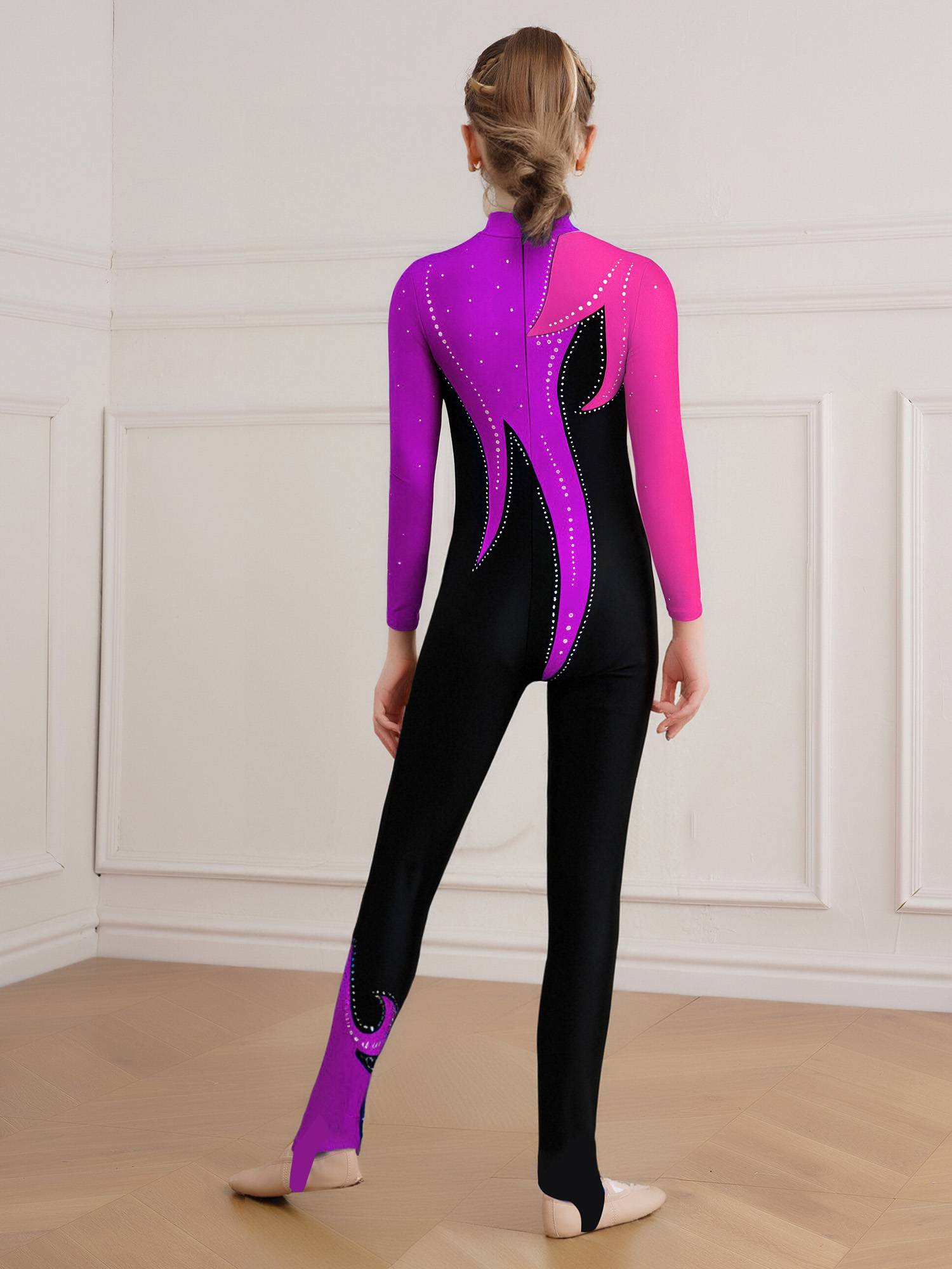 Girls Color Block Gymnastics Full Body Leotard Sparkly Figure Skating Unitard