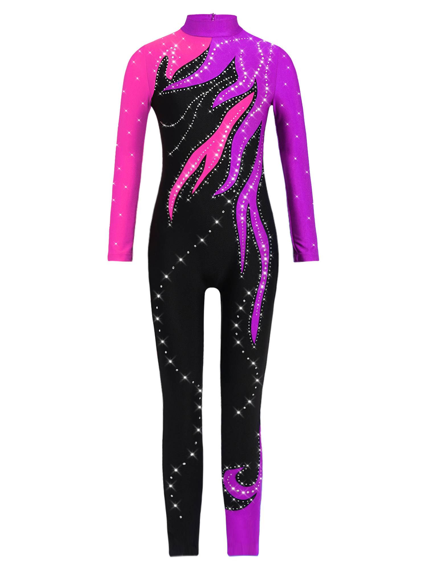 Girls Color Block Gymnastics Full Body Leotard Sparkly Figure Skating Unitard