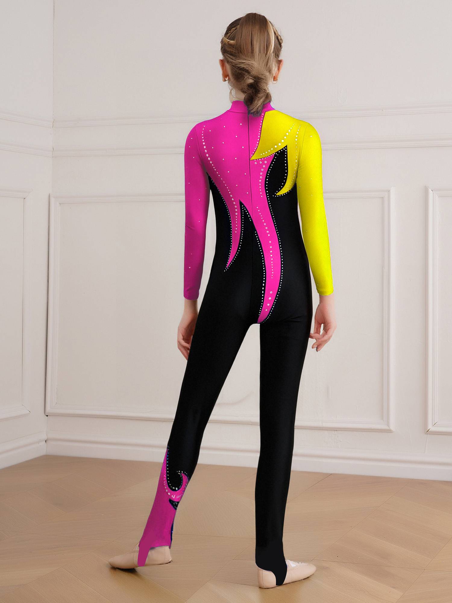 Girls Color Block Gymnastics Full Body Leotard Sparkly Figure Skating Unitard