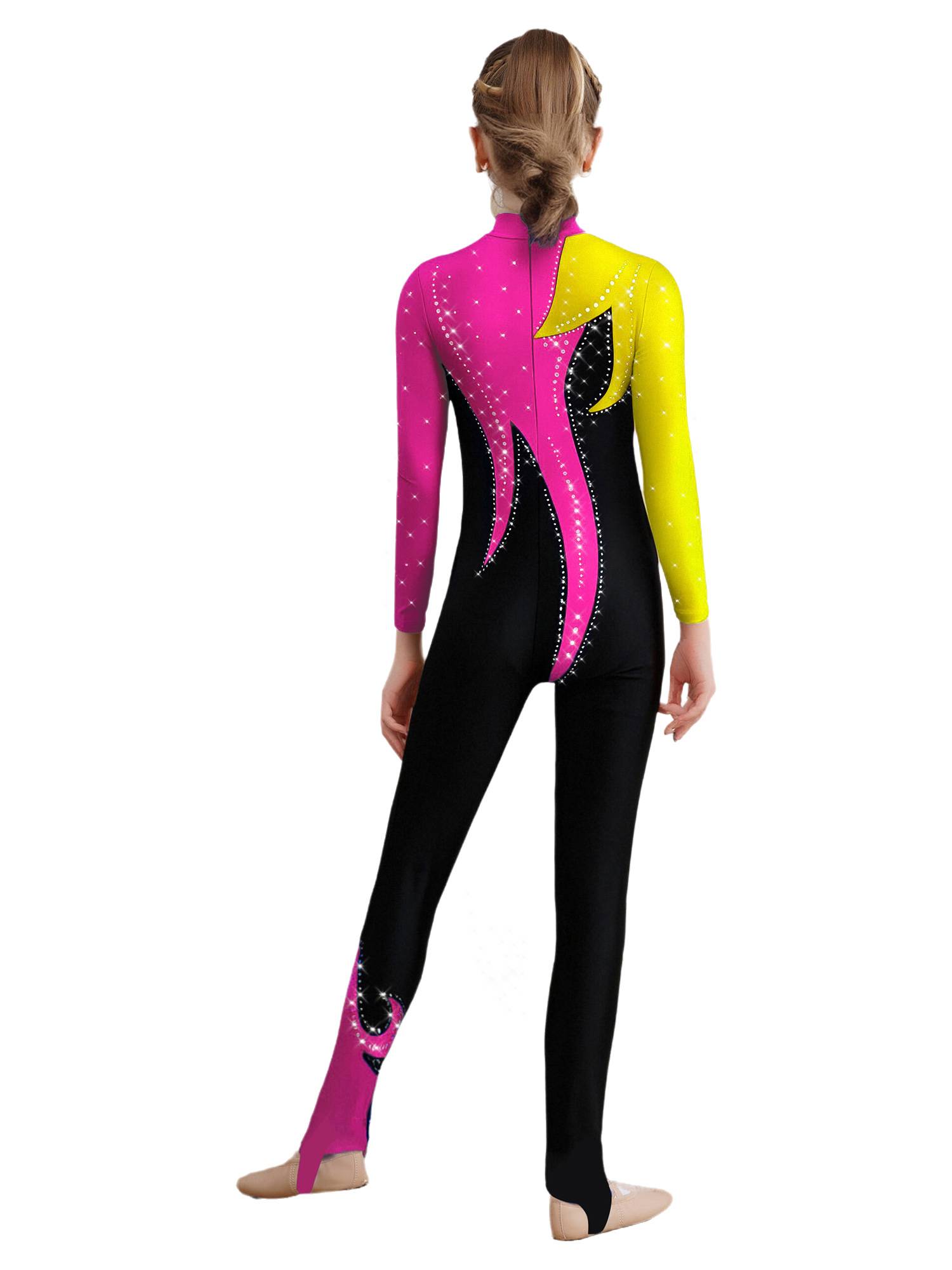 Girls Color Block Gymnastics Full Body Leotard Sparkly Figure Skating Unitard