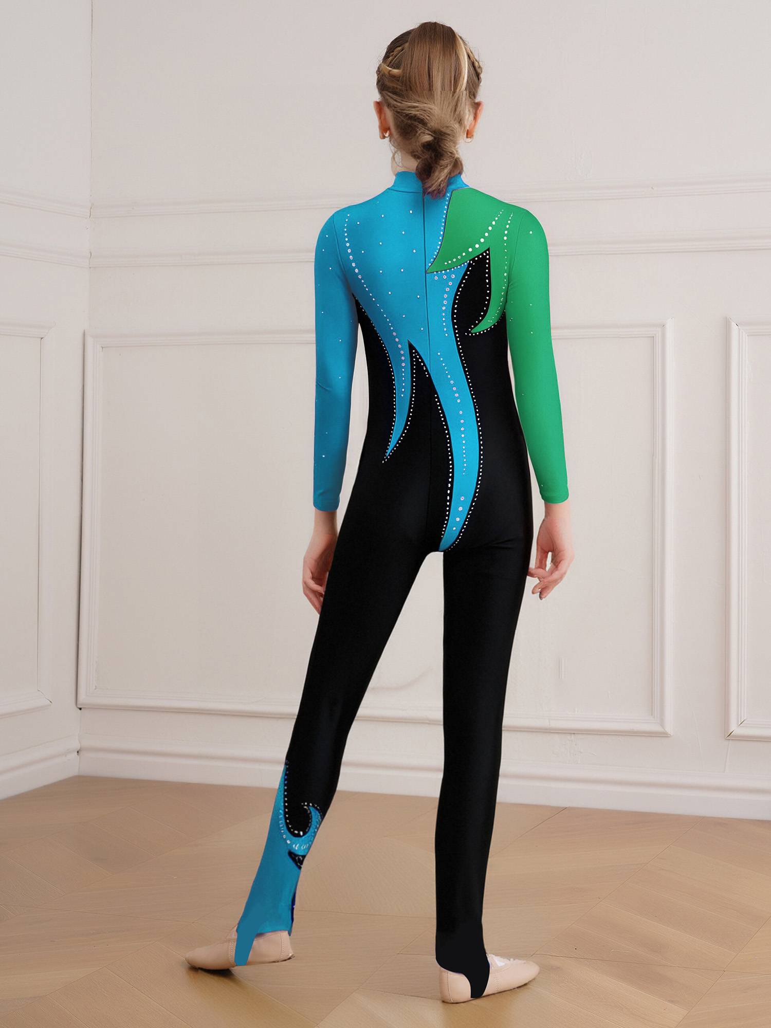 Girls Color Block Gymnastics Full Body Leotard Sparkly Figure Skating Unitard