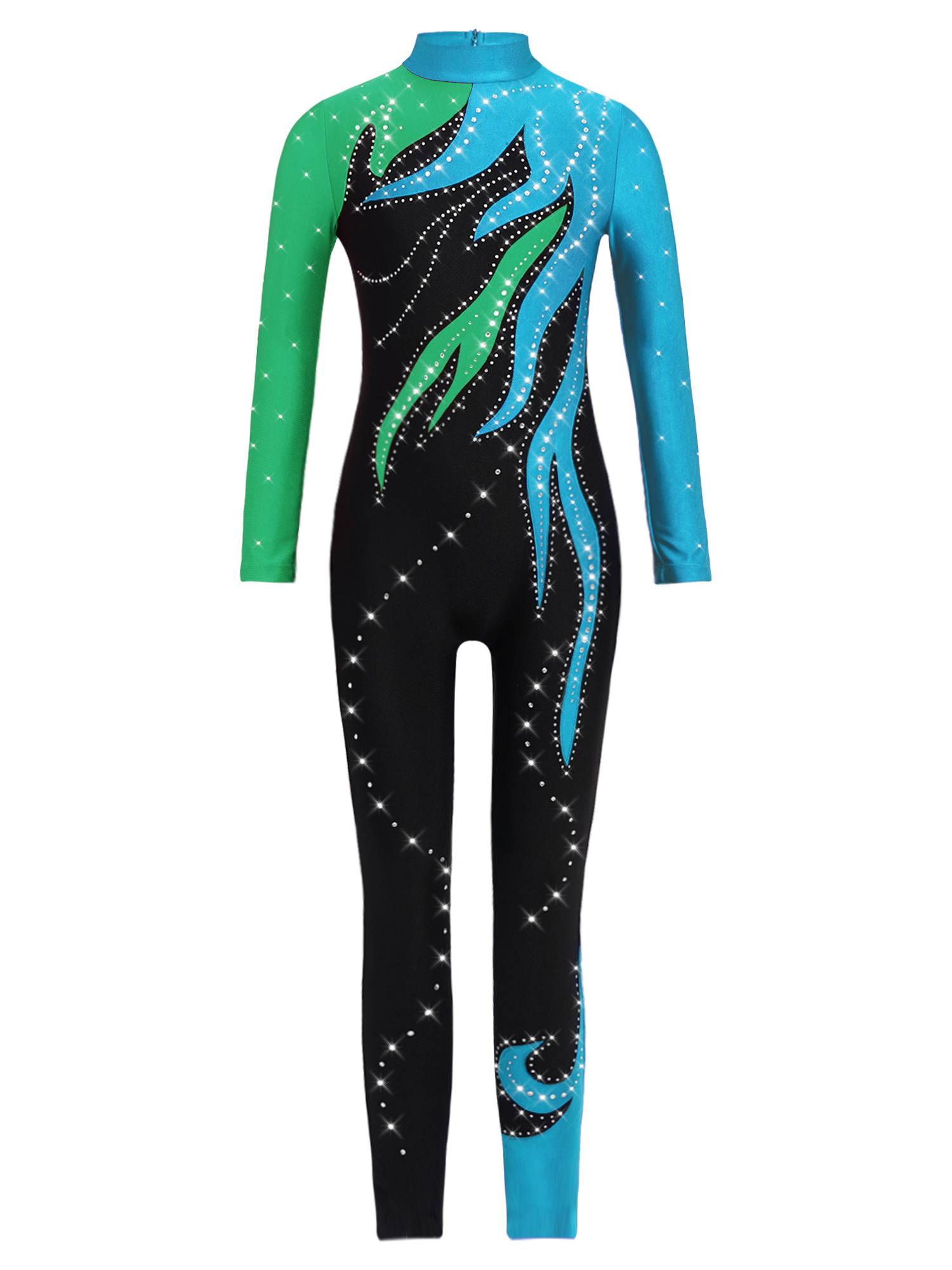 Girls Color Block Gymnastics Full Body Leotard Sparkly Figure Skating Unitard