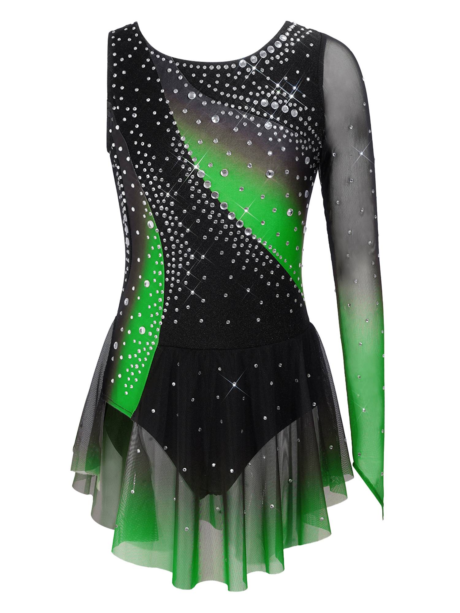 Girls Figure ice Skating Dress One Long Sleeve Asymmetrical Lyrical Dance Dress