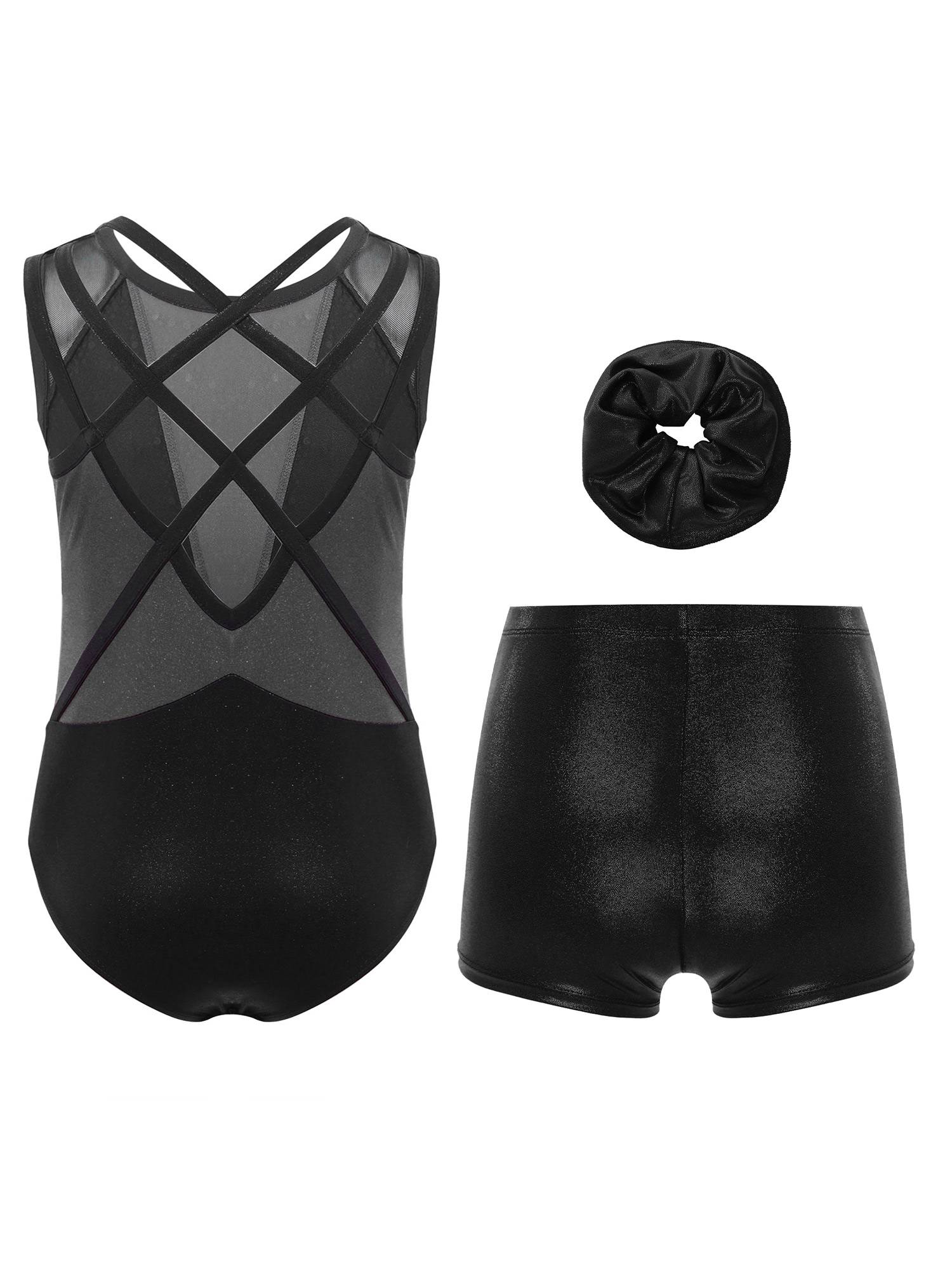 3Pcs Girls Gymnastics Leotard Set Rhinestone Bodysuit Performance Costume
