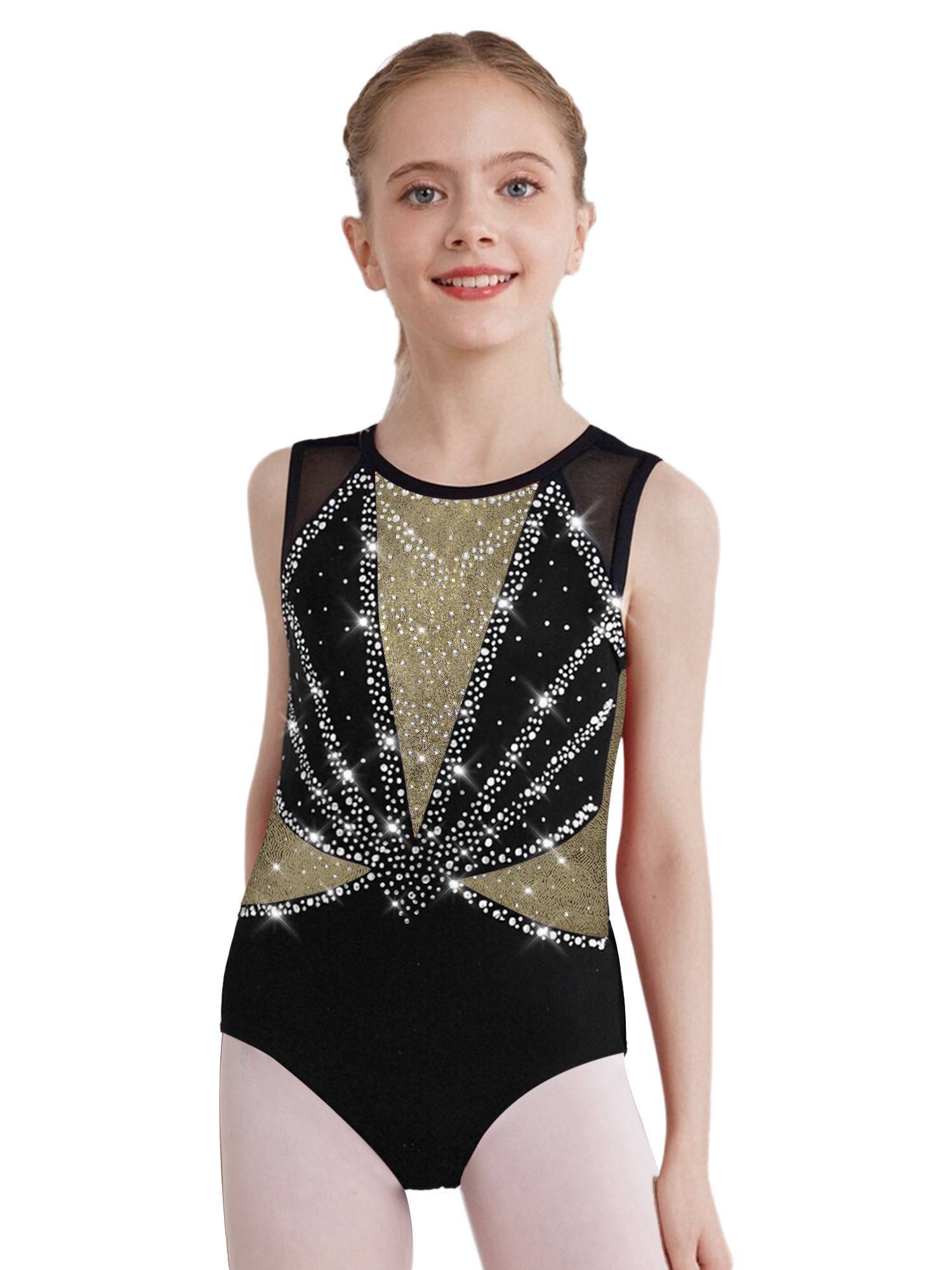 3Pcs Girls Gymnastics Leotard Set Rhinestone Bodysuit Performance Costume