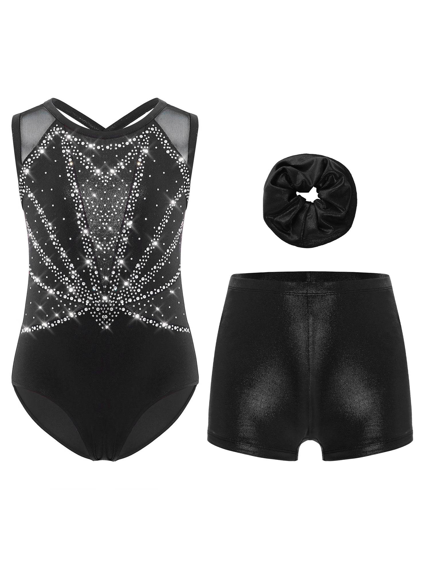 3Pcs Girls Gymnastics Leotard Set Rhinestone Bodysuit Performance Costume