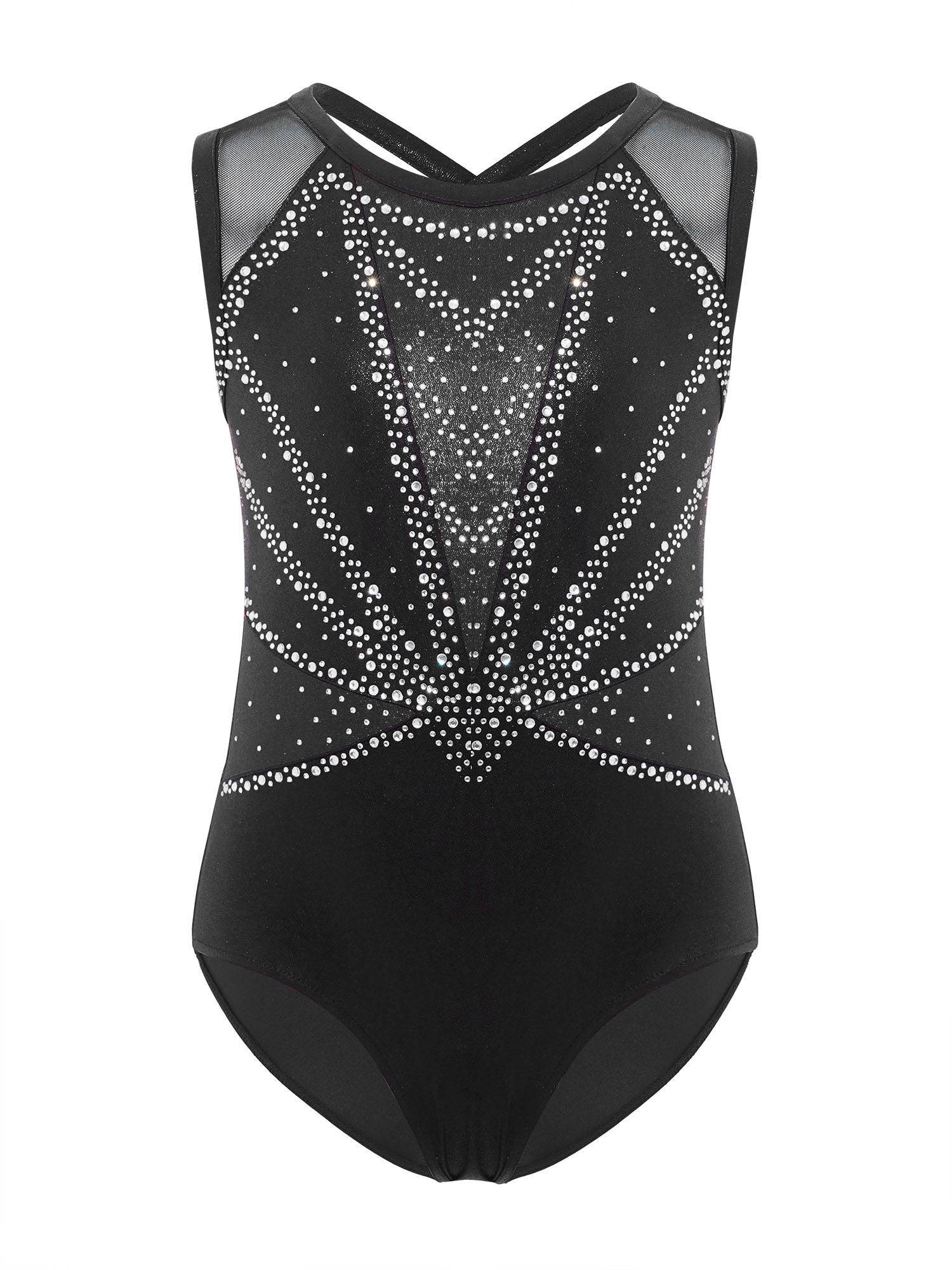 3Pcs Girls Gymnastics Leotard Set Rhinestone Bodysuit Performance Costume