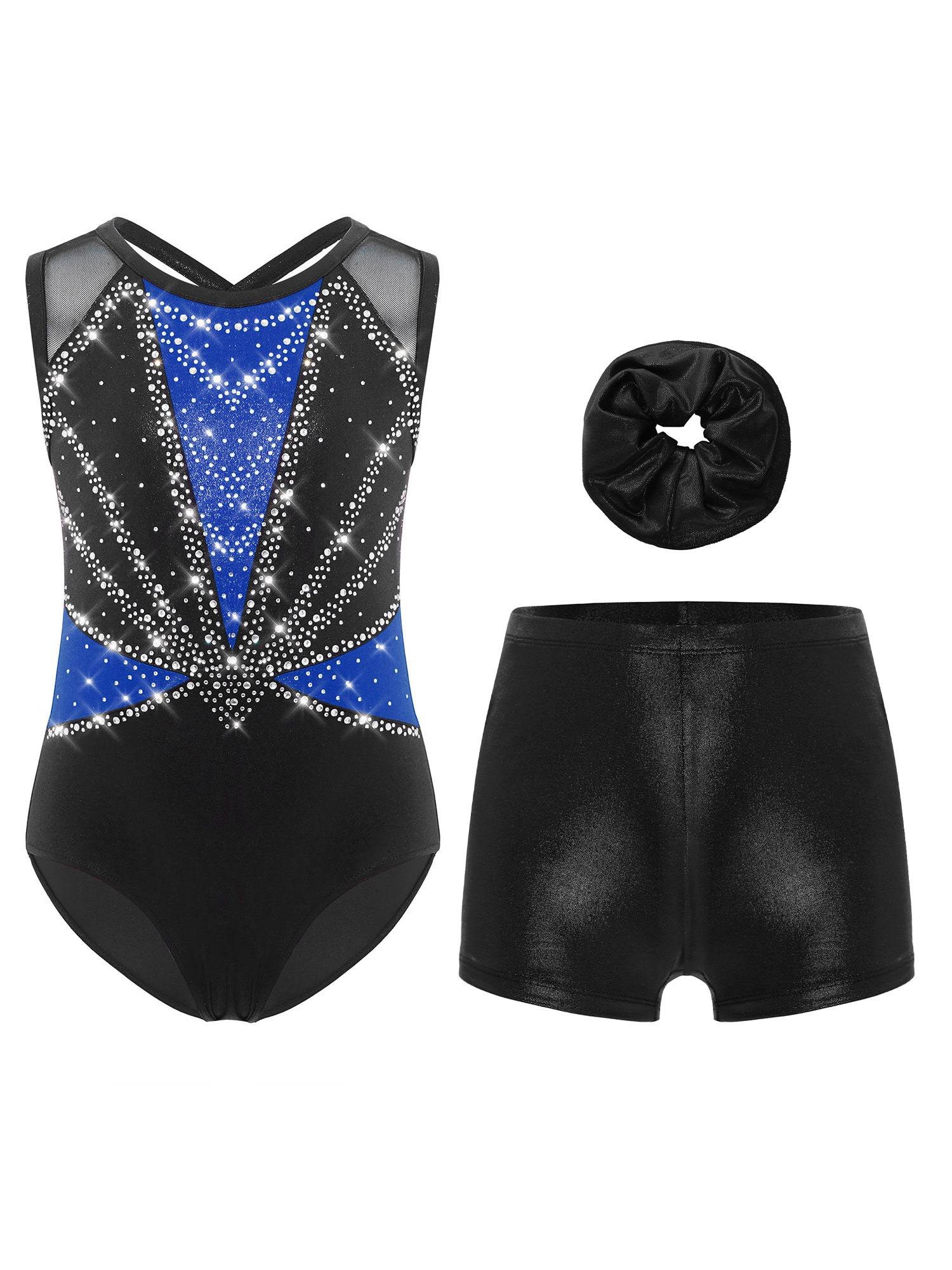 3Pcs Girls Gymnastics Leotard Set Rhinestone Bodysuit Performance Costume