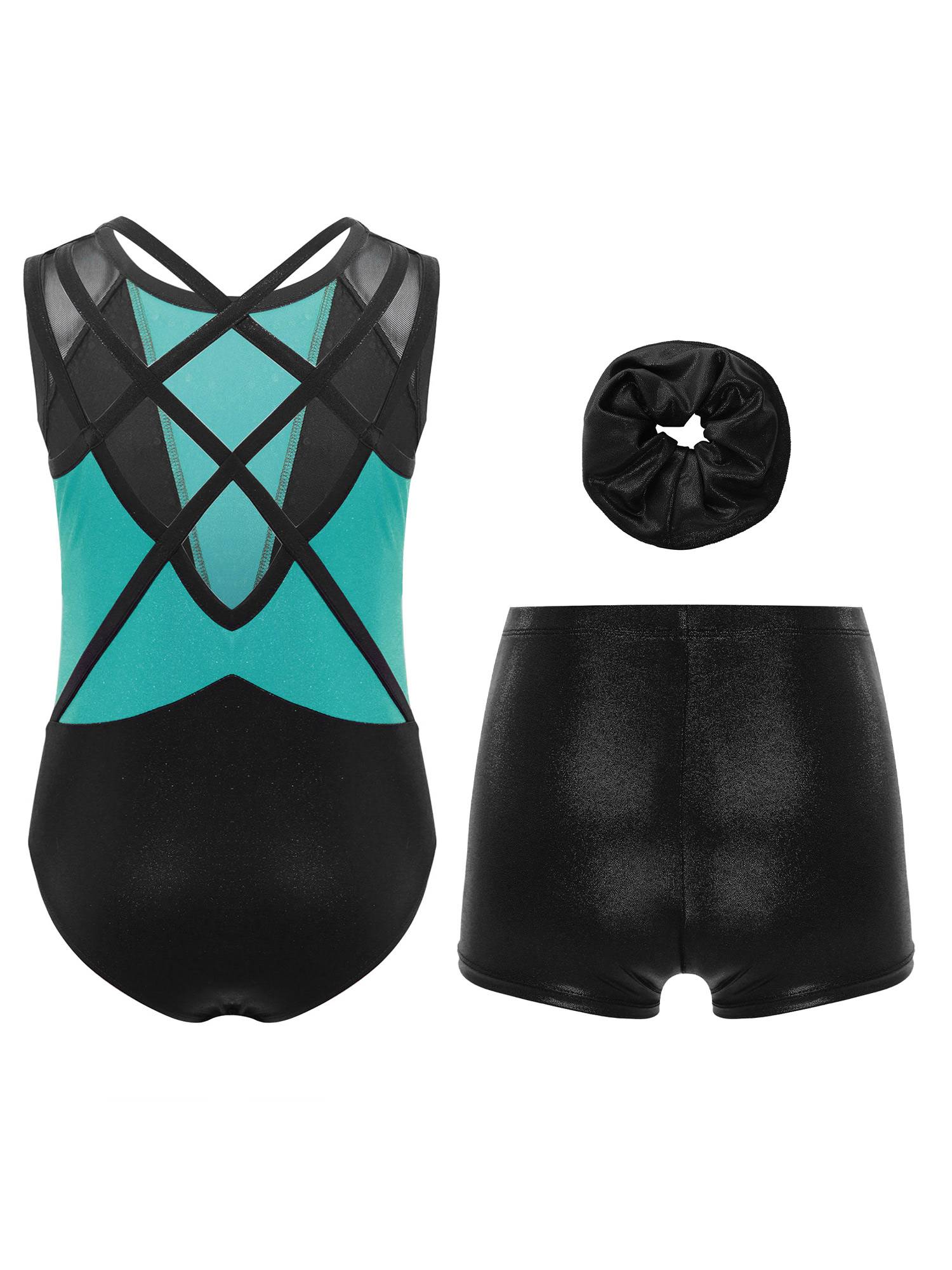 3Pcs Girls Gymnastics Leotard Set Rhinestone Bodysuit Performance Costume