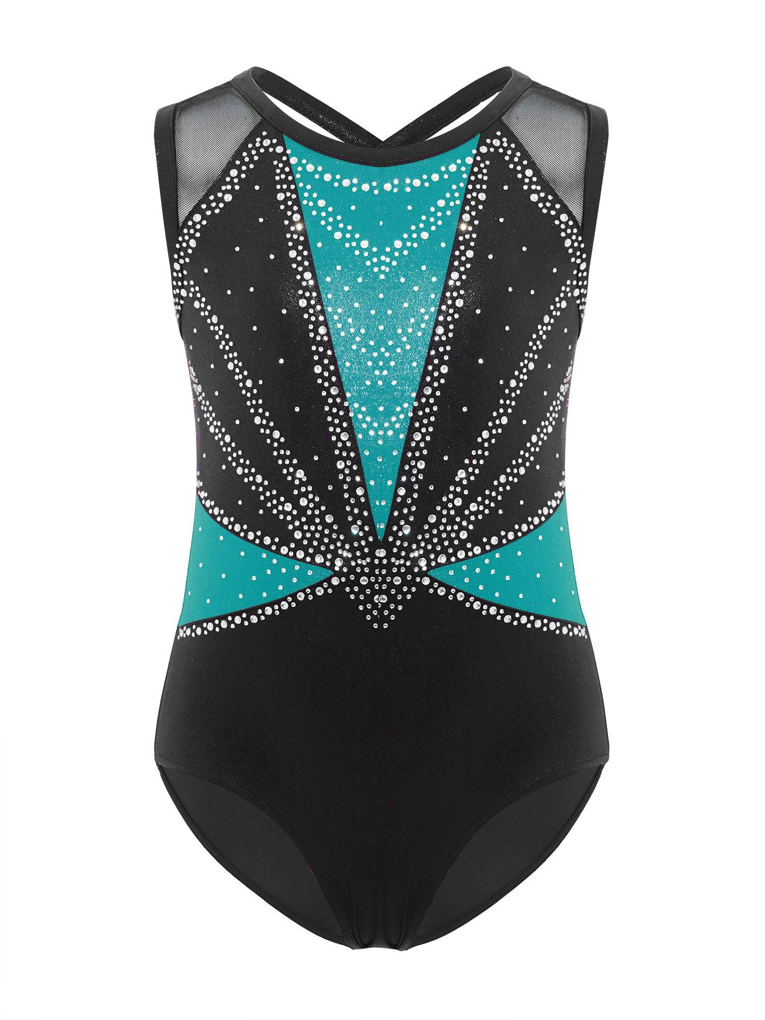 3Pcs Girls Gymnastics Leotard Set Rhinestone Bodysuit Performance Costume