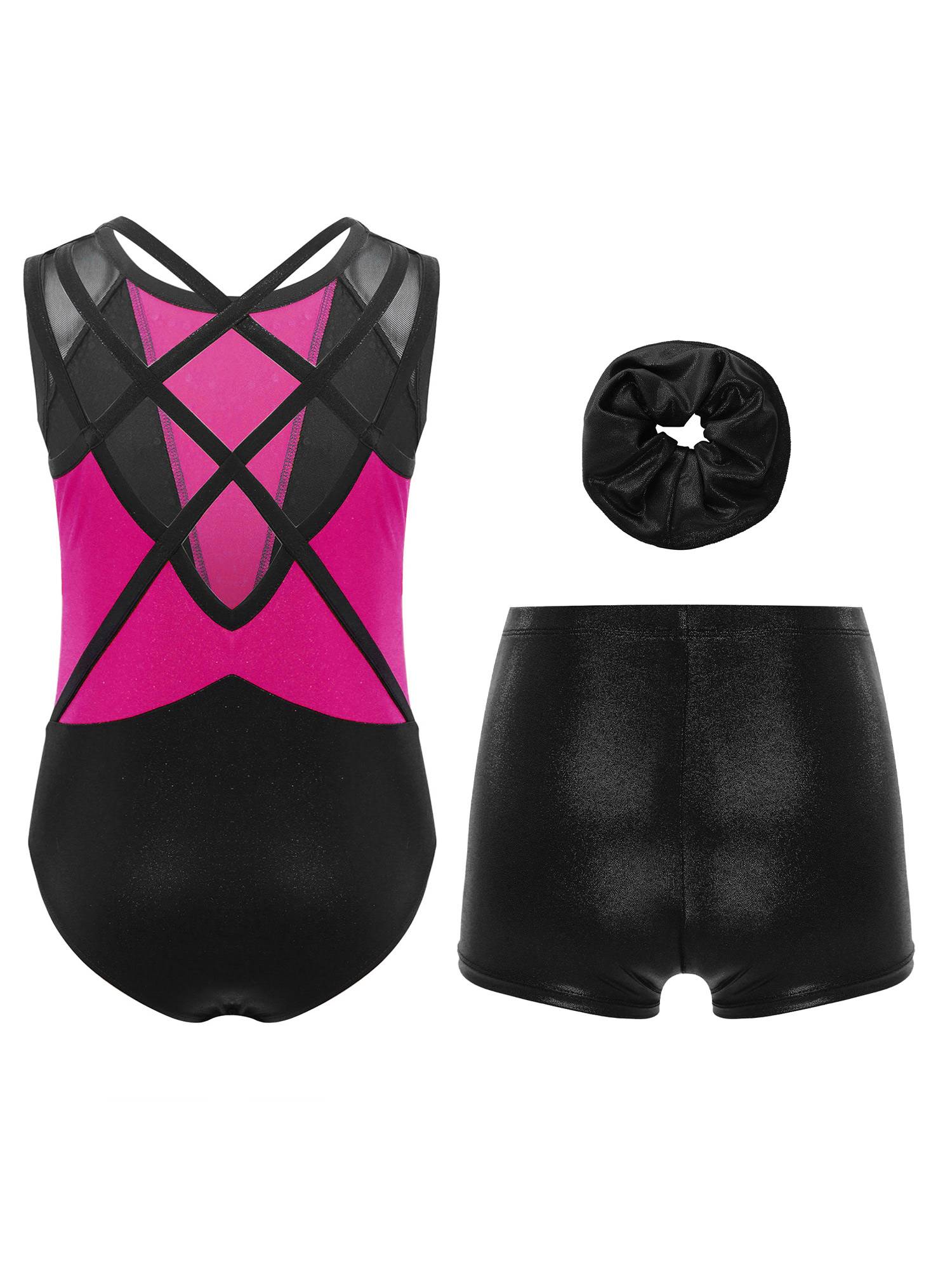 3Pcs Girls Gymnastics Leotard Set Rhinestone Bodysuit Performance Costume