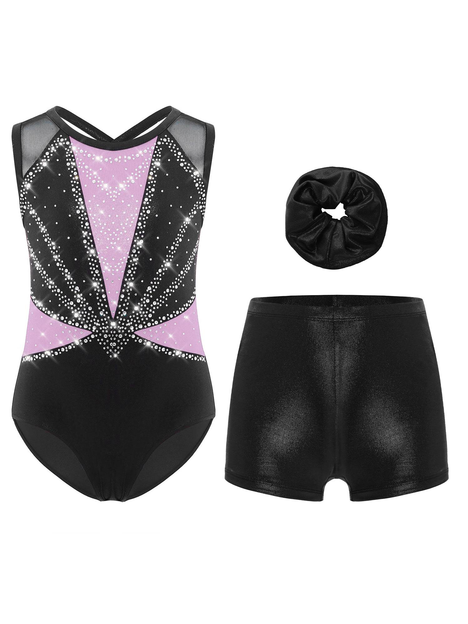 3Pcs Girls Gymnastics Leotard Set Rhinestone Bodysuit Performance Costume