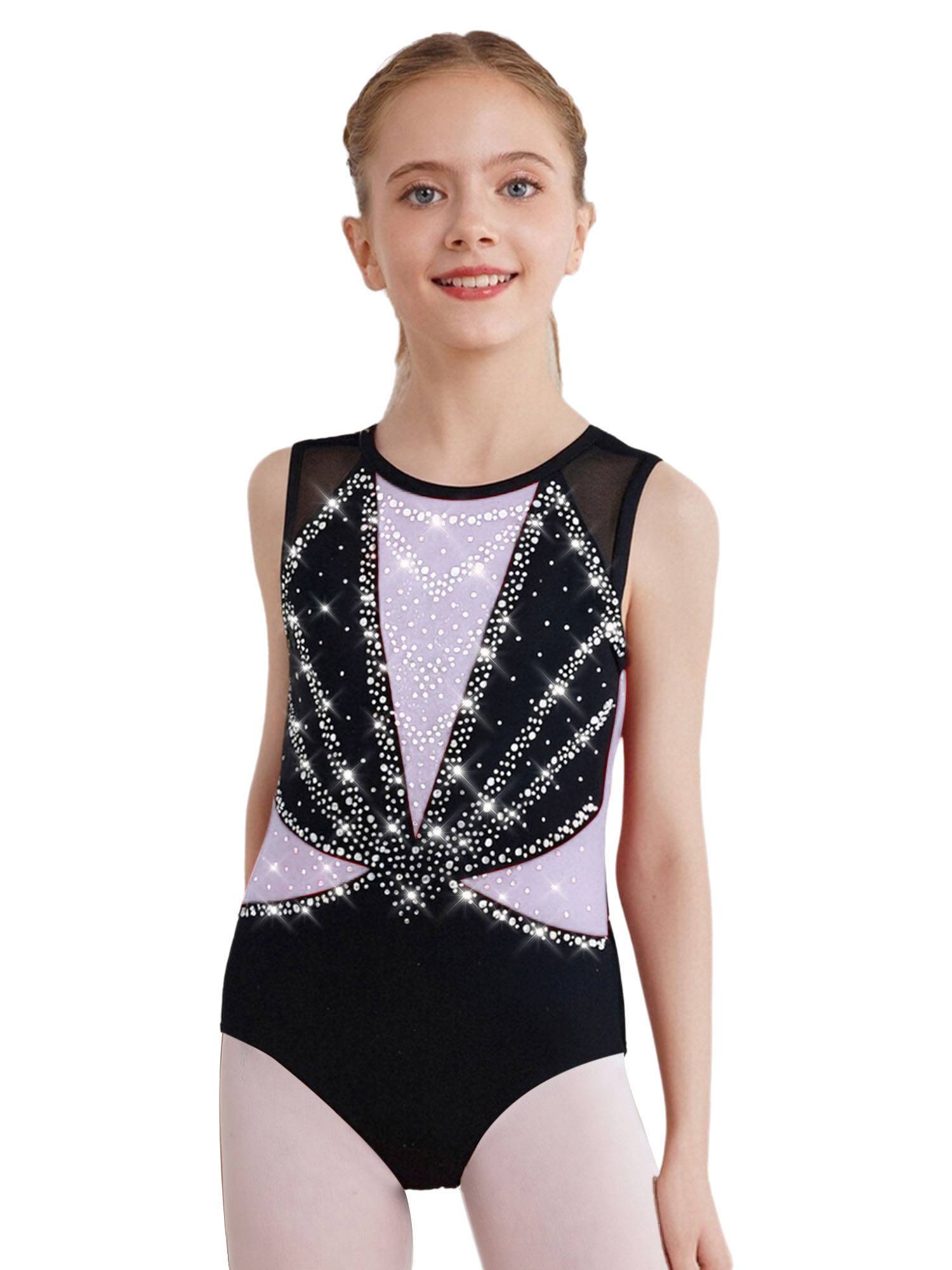 3Pcs Girls Gymnastics Leotard Set Rhinestone Bodysuit Performance Costume