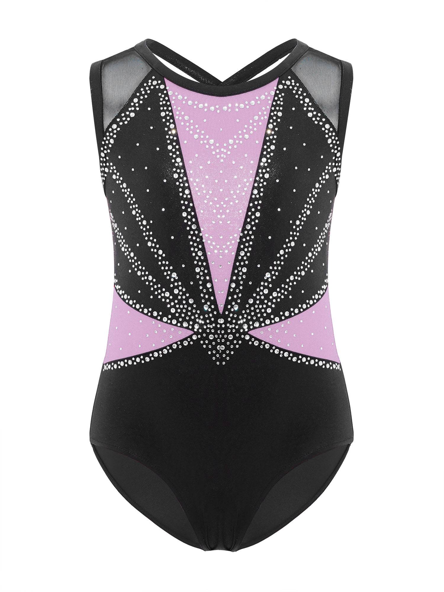3Pcs Girls Gymnastics Leotard Set Rhinestone Bodysuit Performance Costume