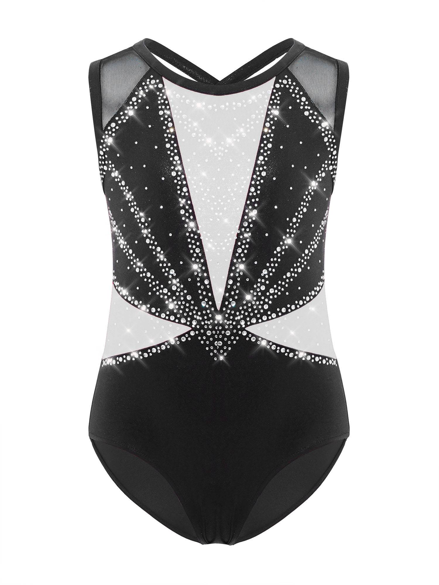 3Pcs Girls Gymnastics Leotard Set Rhinestone Bodysuit Performance Costume
