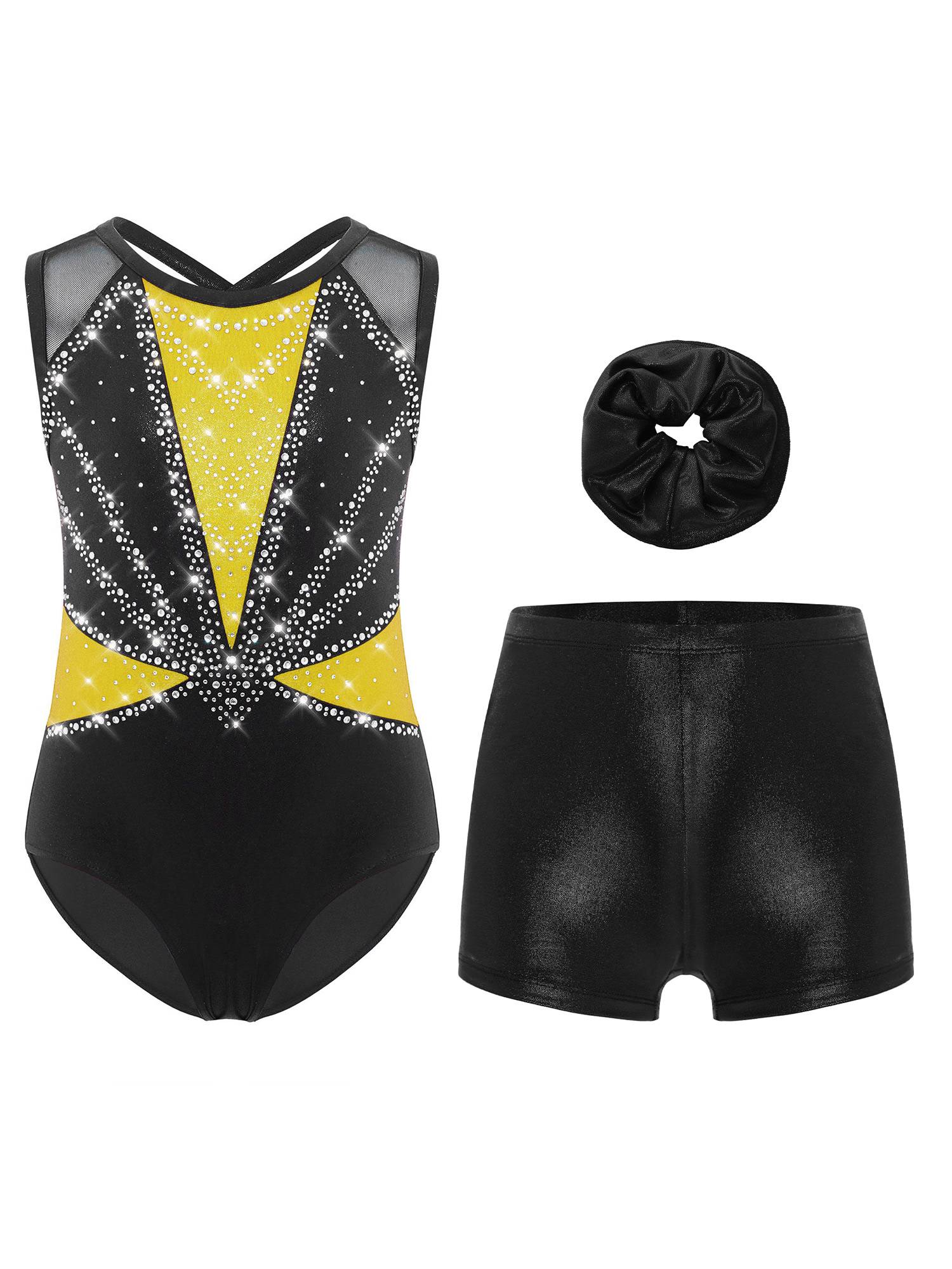 3Pcs Girls Gymnastics Leotard Set Rhinestone Bodysuit Performance Costume
