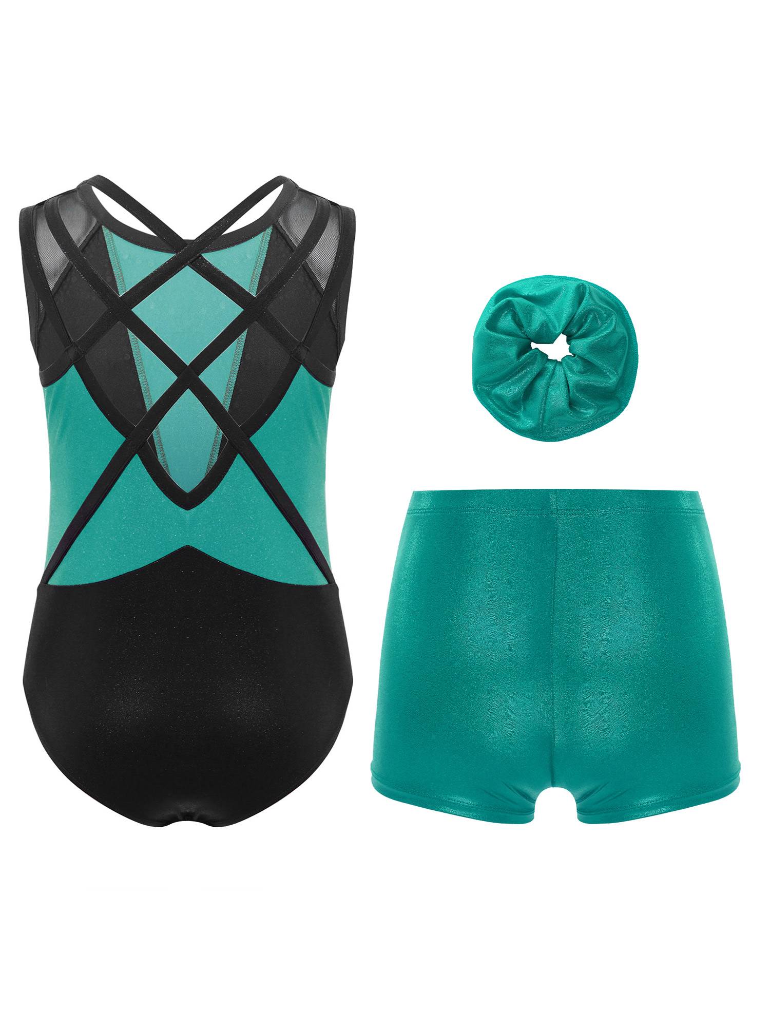 3Pcs Girls Gymnastics Leotard Set Rhinestone Bodysuit Performance Costume