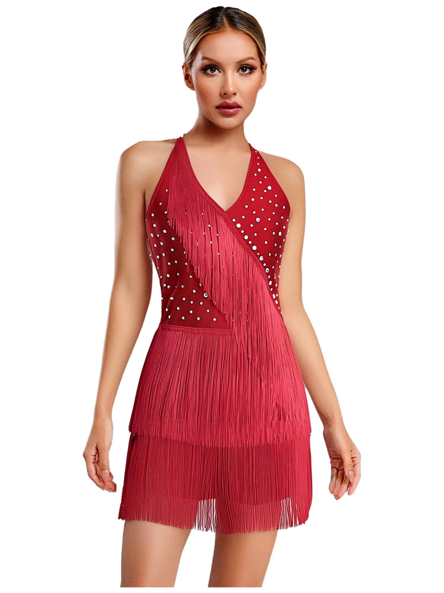 Women Sleeveless V Neck Tassels Latin Dance Dress Jazz Ballroom Leotard