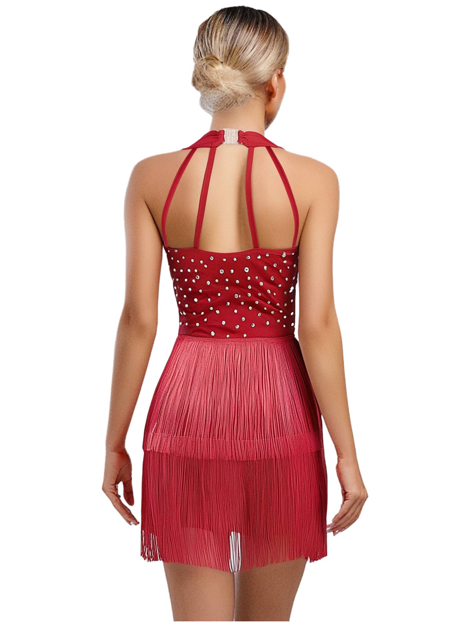Women Sleeveless V Neck Tassels Latin Dance Dress Jazz Ballroom Leotard