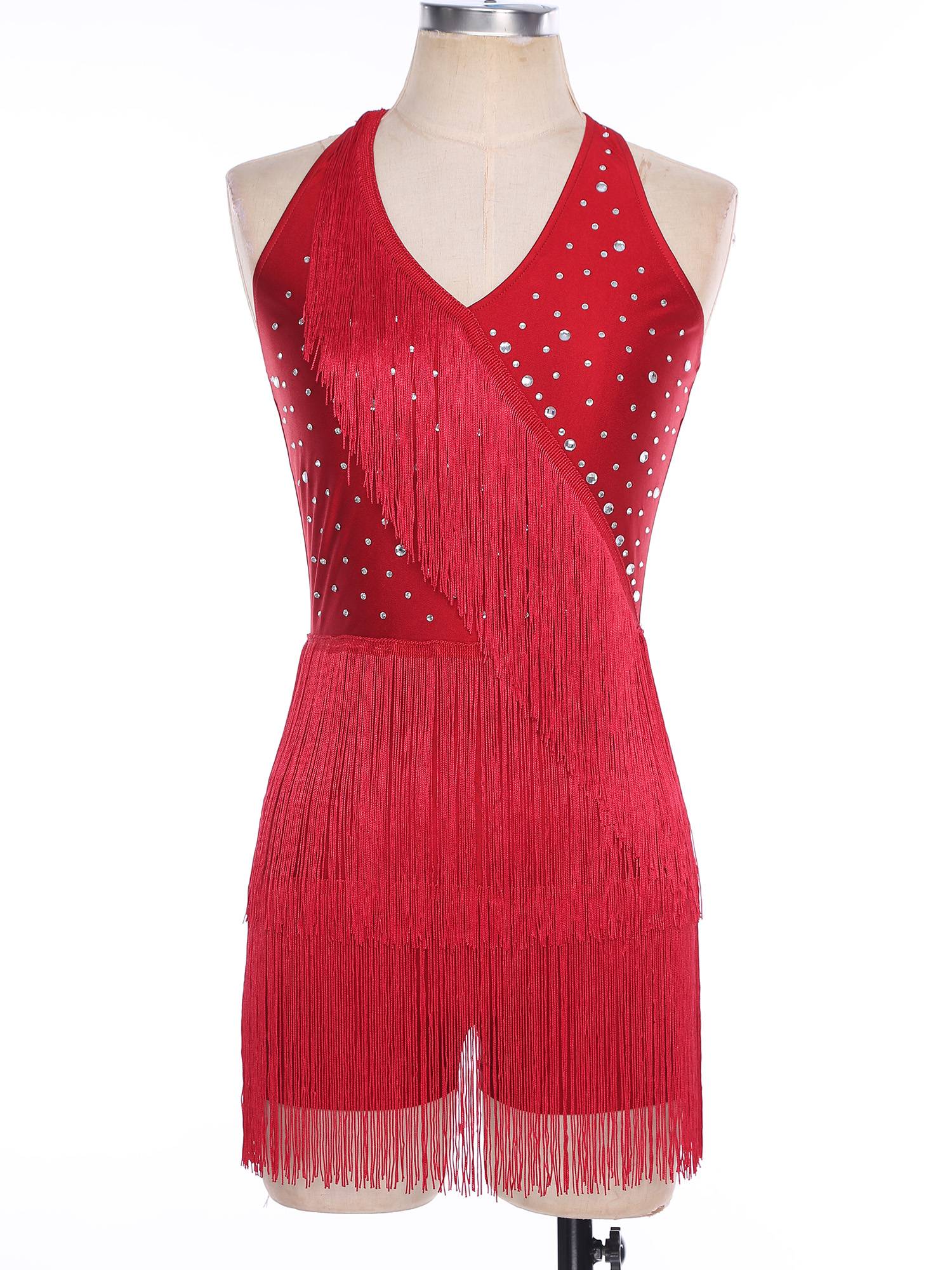 Women Sleeveless V Neck Tassels Latin Dance Dress Jazz Ballroom Leotard