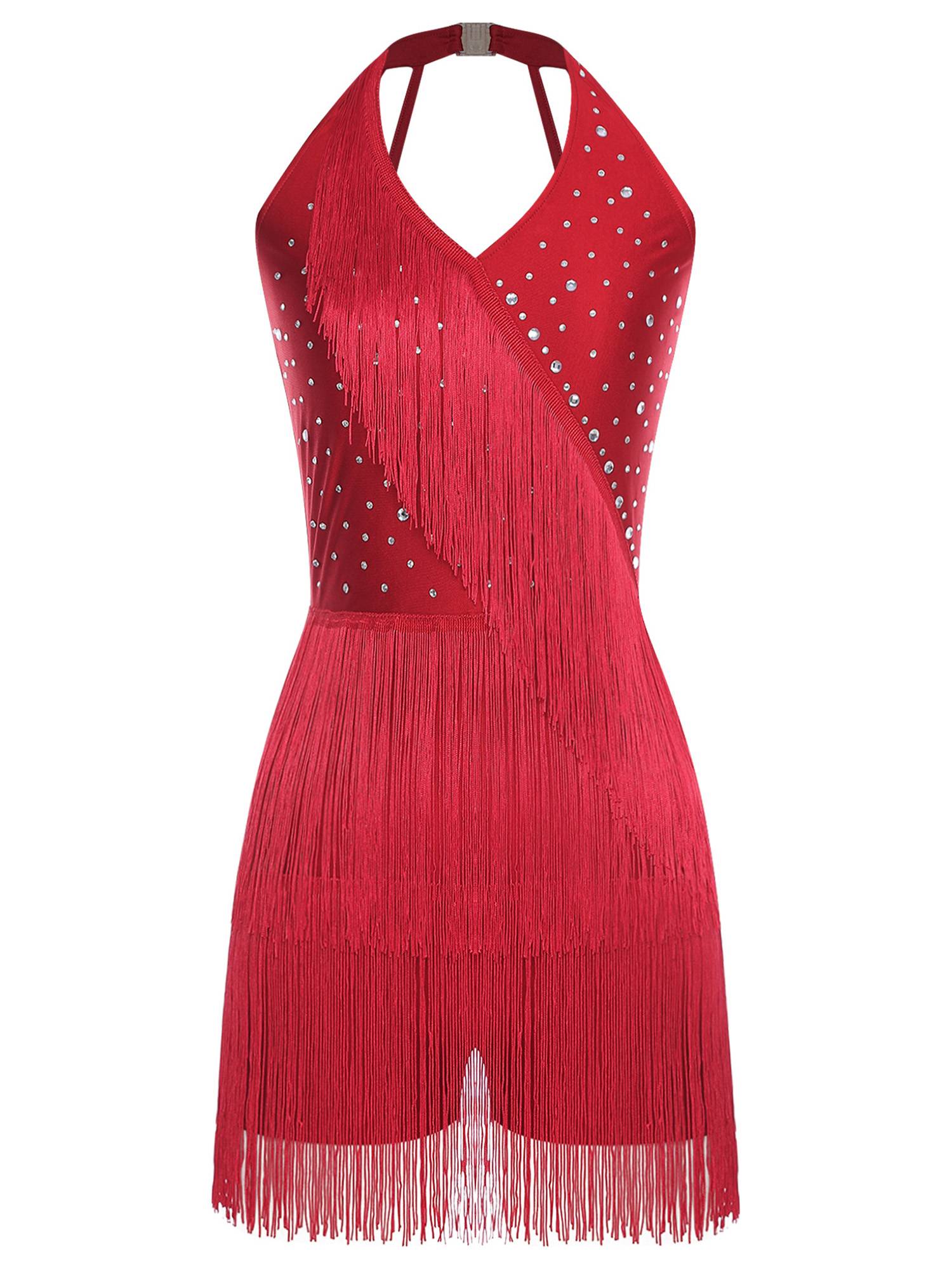 Women Sleeveless V Neck Tassels Latin Dance Dress Jazz Ballroom Leotard